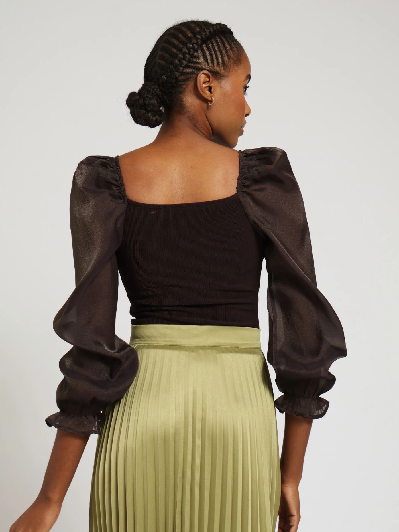 Long Sleeve Organza Knit Combo Top - Brown - Image 3