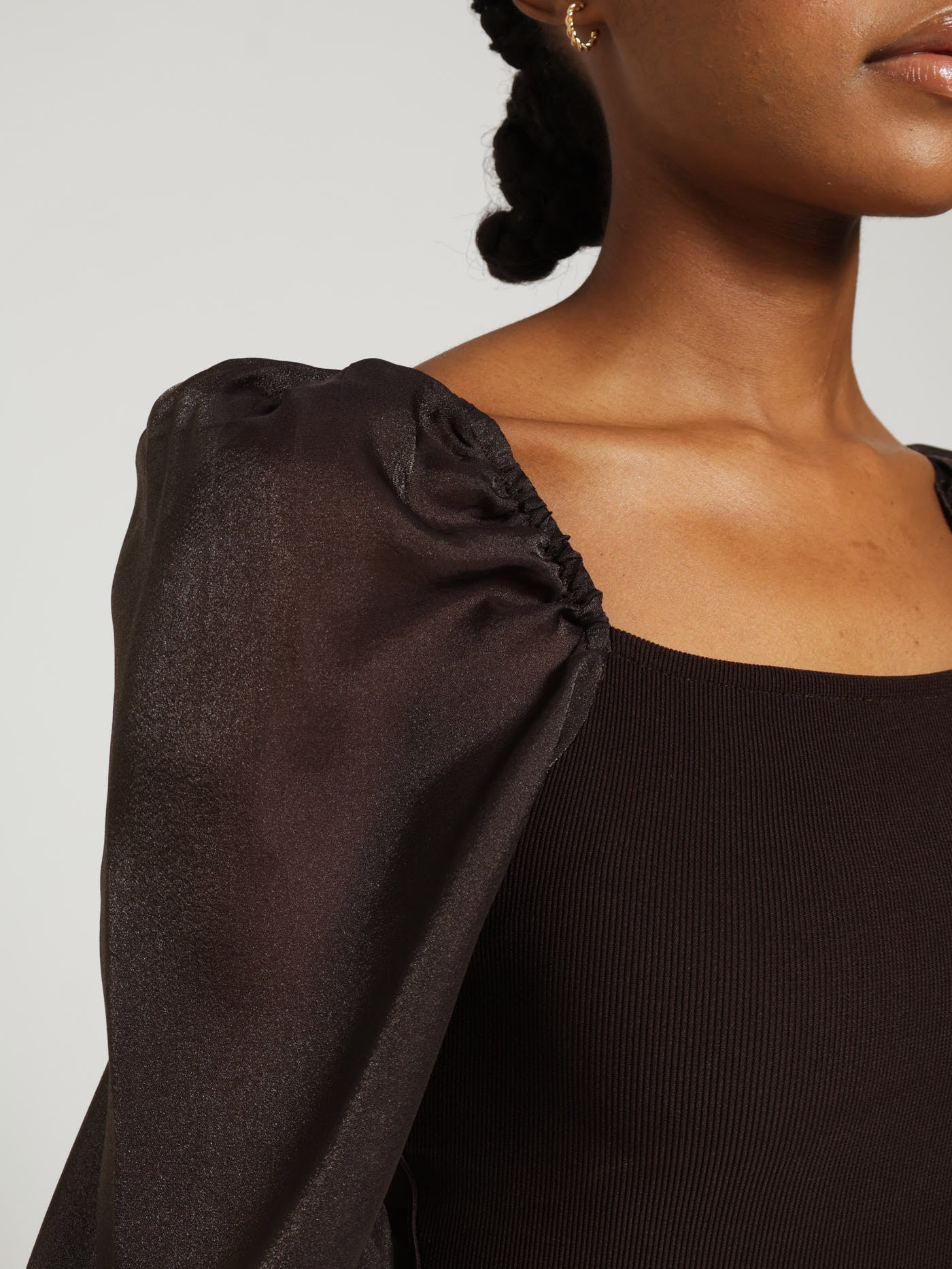 Long Sleeve Organza Knit Combo Top - Brown - Image 4