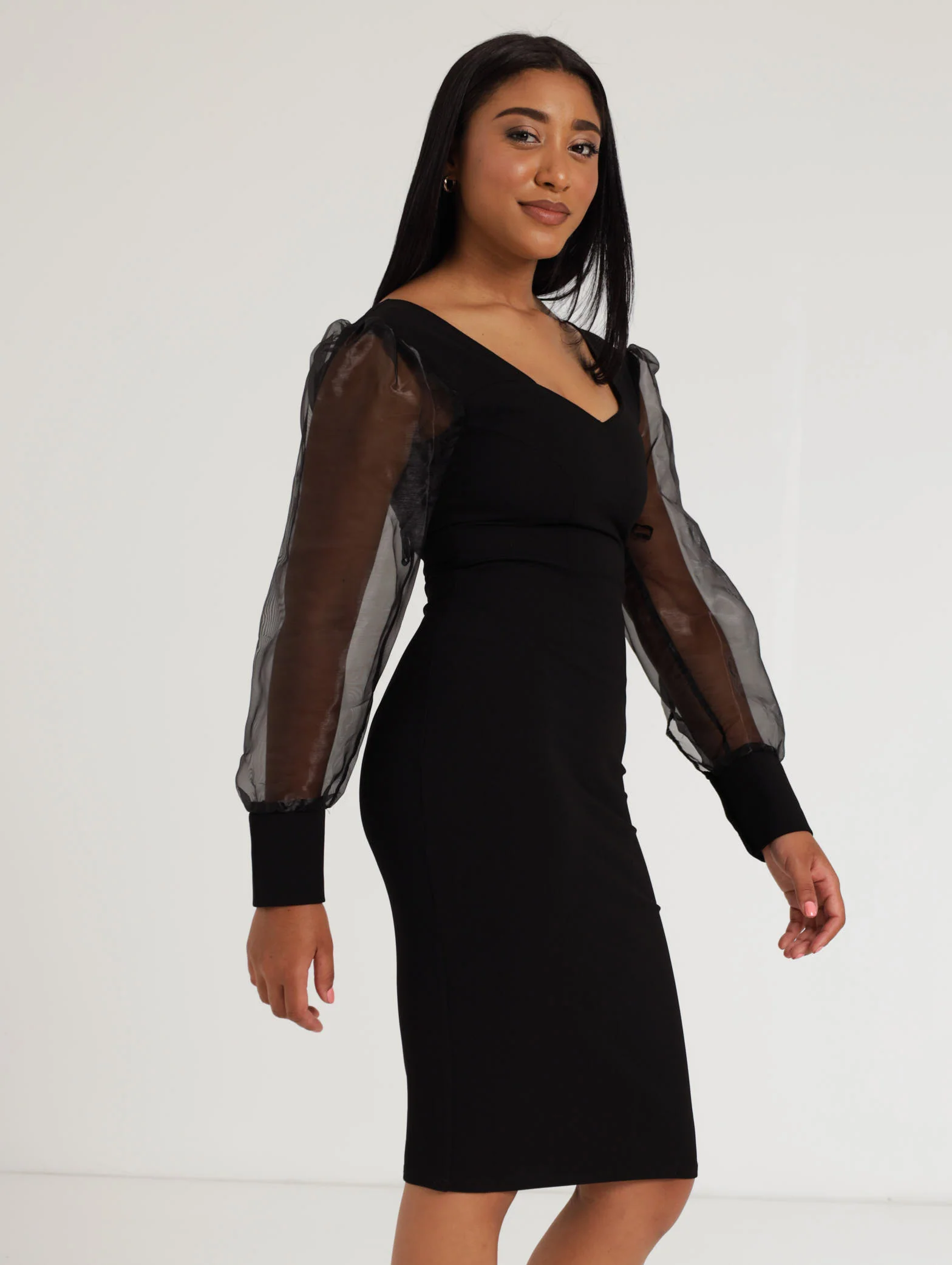 Long Sleeve Organza Sweetheart Bodycon Dress - Black