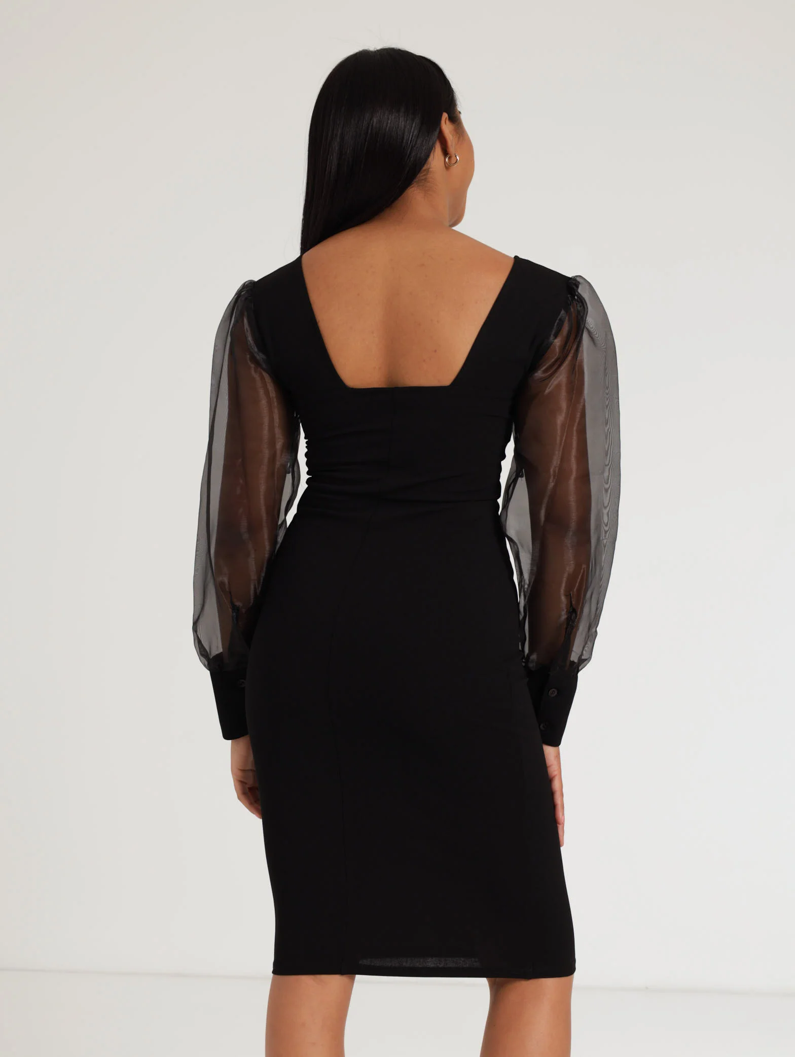 Long Sleeve Organza Sweetheart Bodycon Dress - Black - Image 3