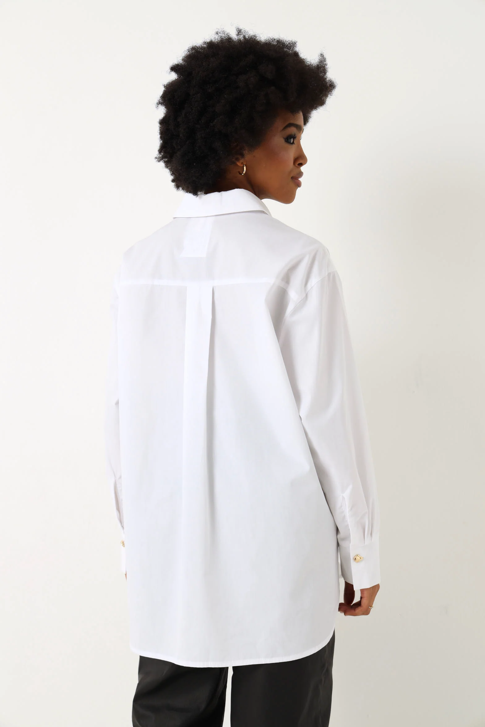Long Sleeve Oversized Poplin Shirt With Gold Trims - White - Image 8