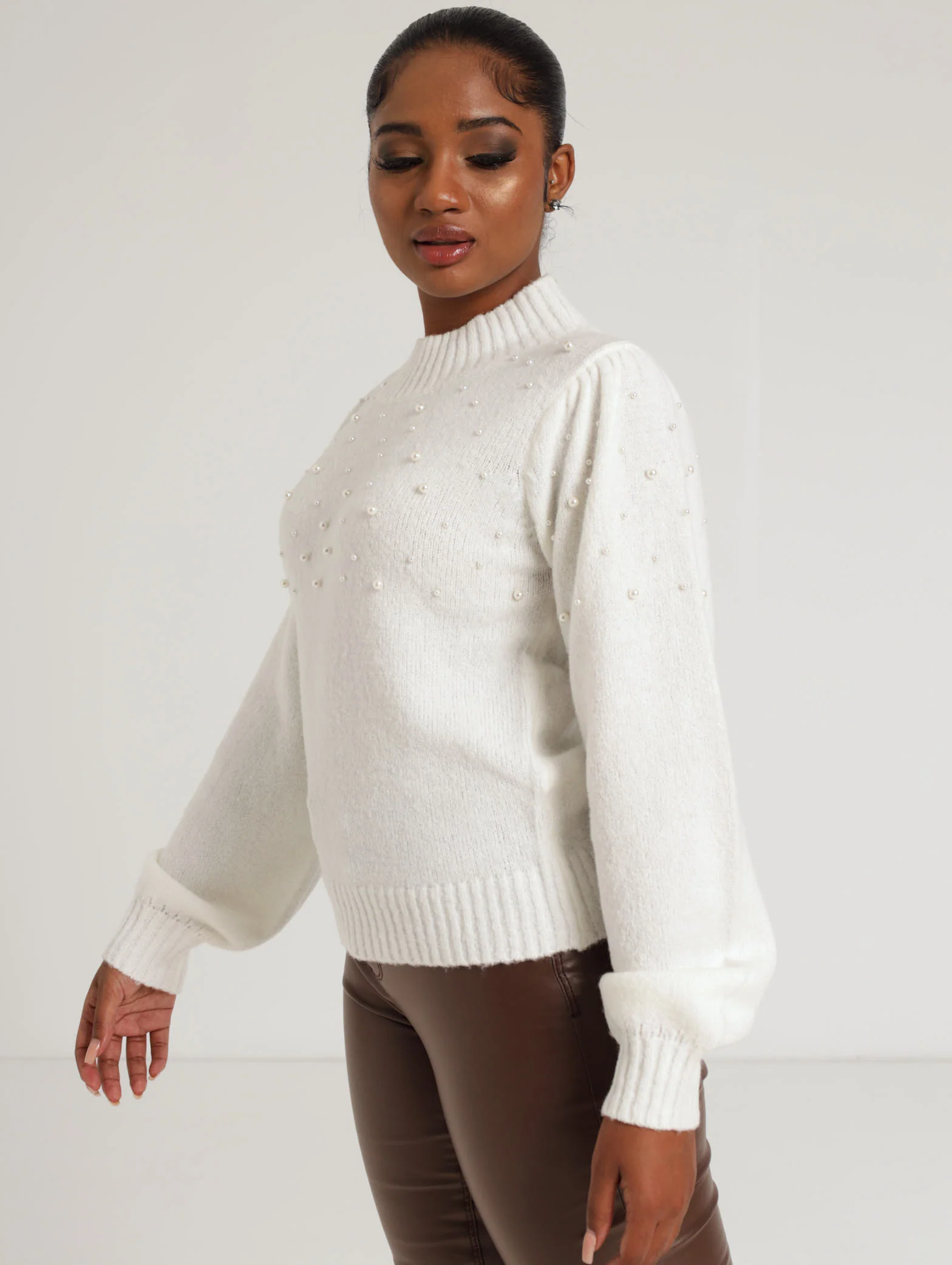 Long Sleeve Pearl Detail Pullover - Cream - Image 2