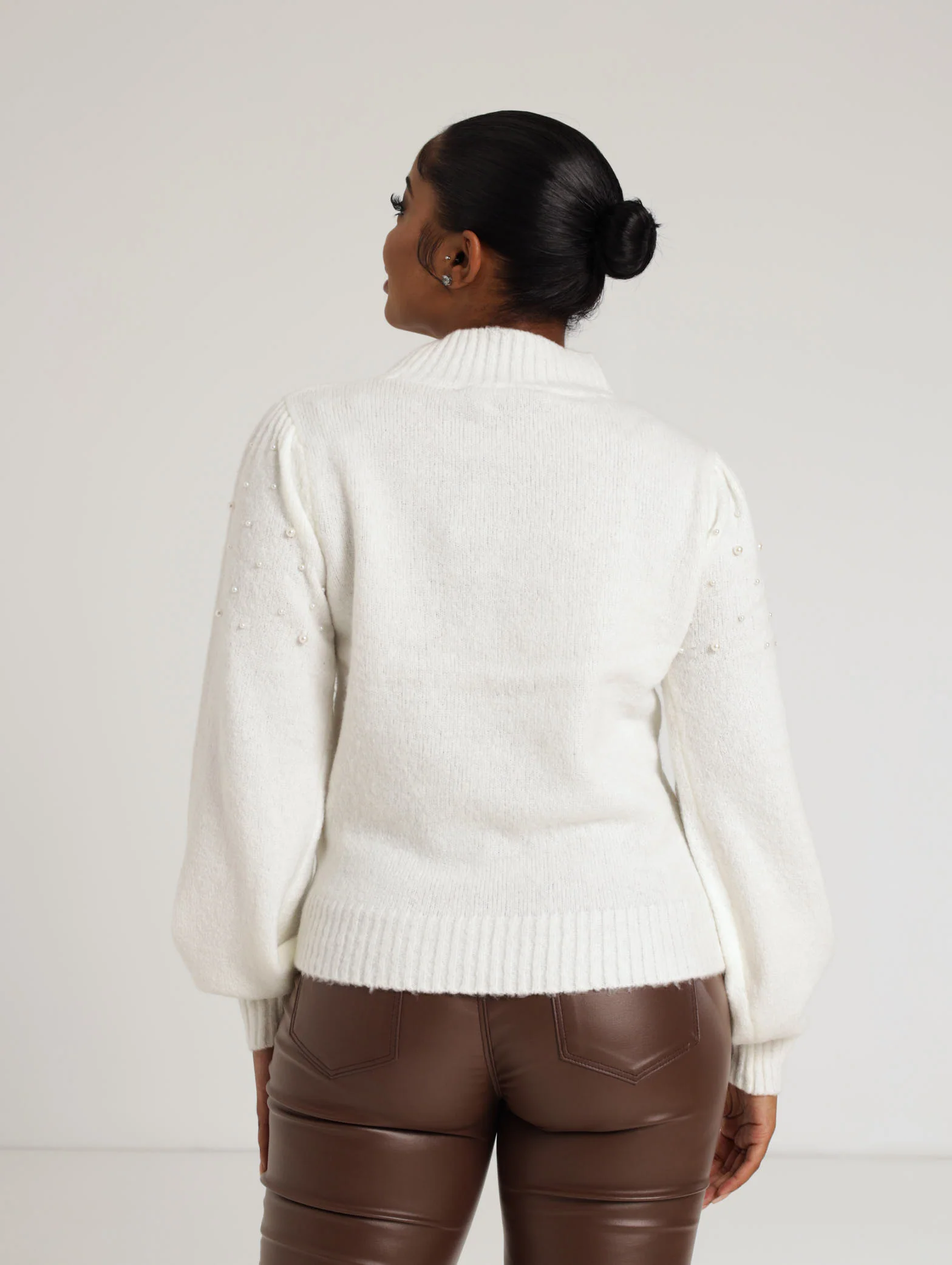 Long Sleeve Pearl Detail Pullover - Cream - Image 3