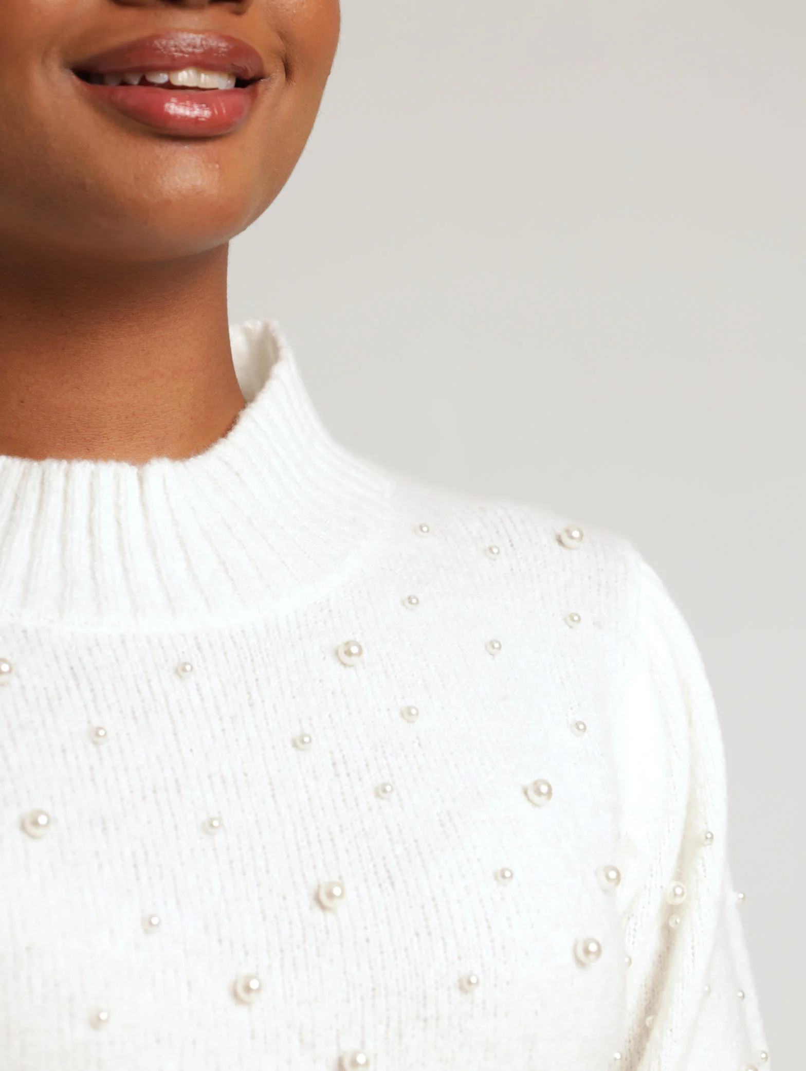 Long Sleeve Pearl Detail Pullover - Cream - Image 4