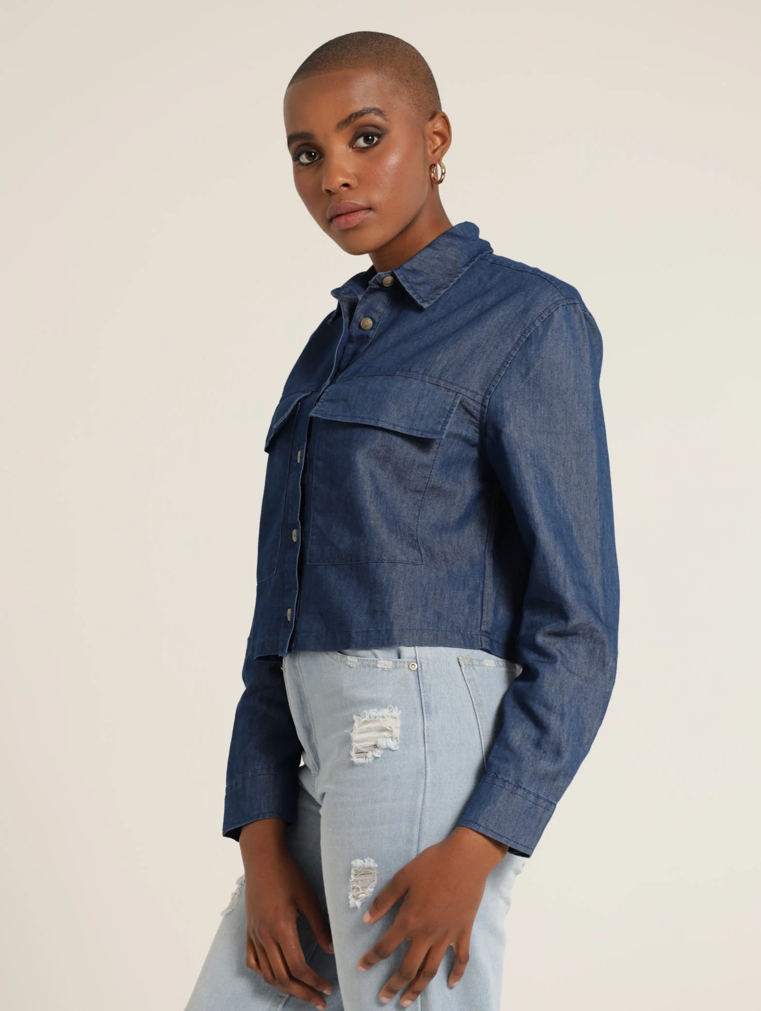 Long Sleeve Pocket Detail Cropped Denim Shirt - Image 2
