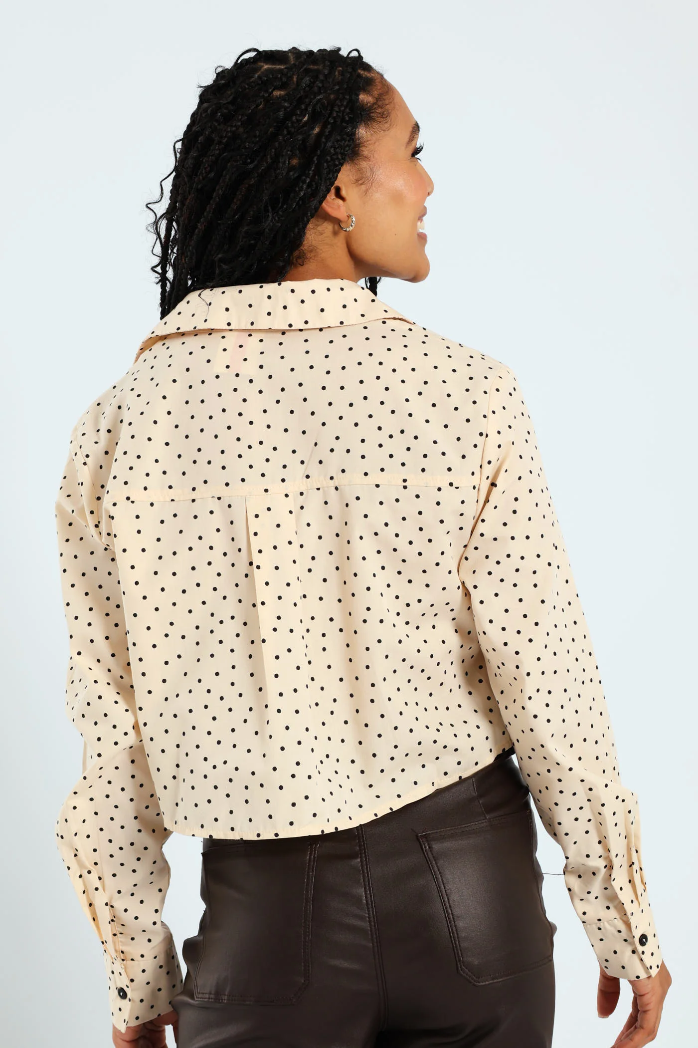 Long Sleeve Polka Cropped Poplin Shirt - Beige/Black - Image 2