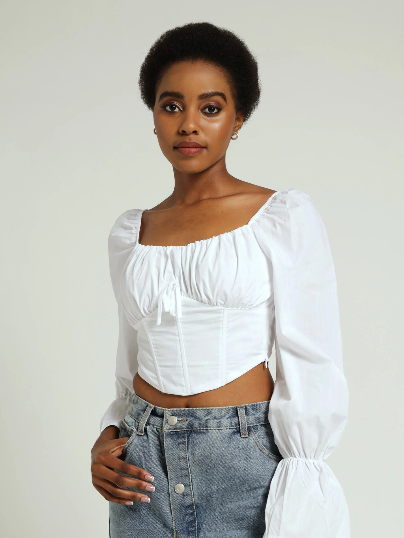 Long Sleeve Poplin Corset Top - White