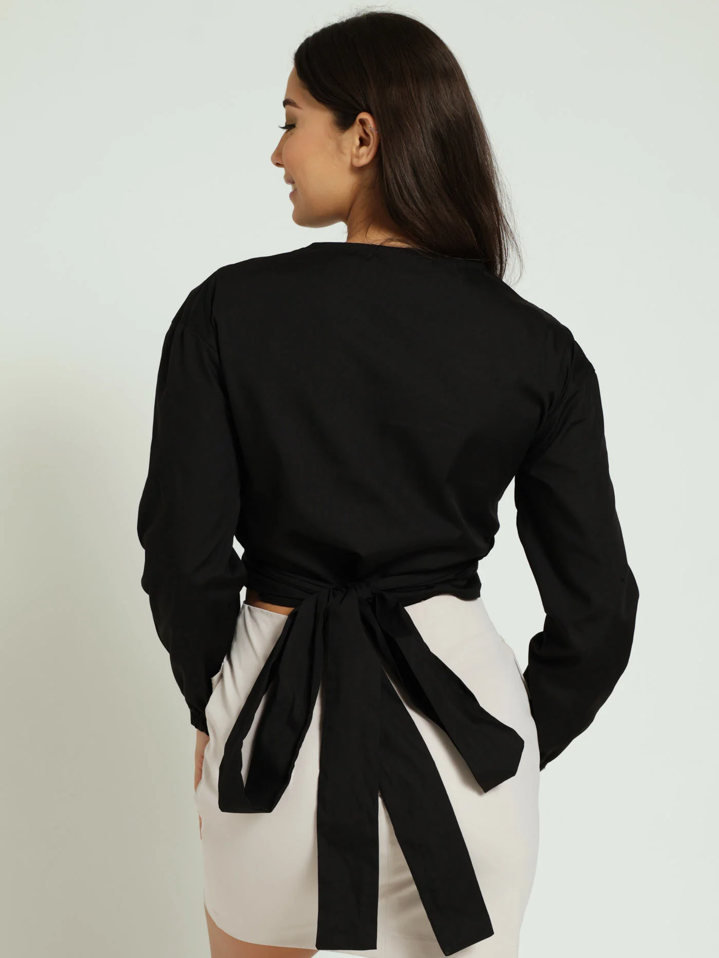 Long Sleeve Poplin Wrap Top - Black - Image 2