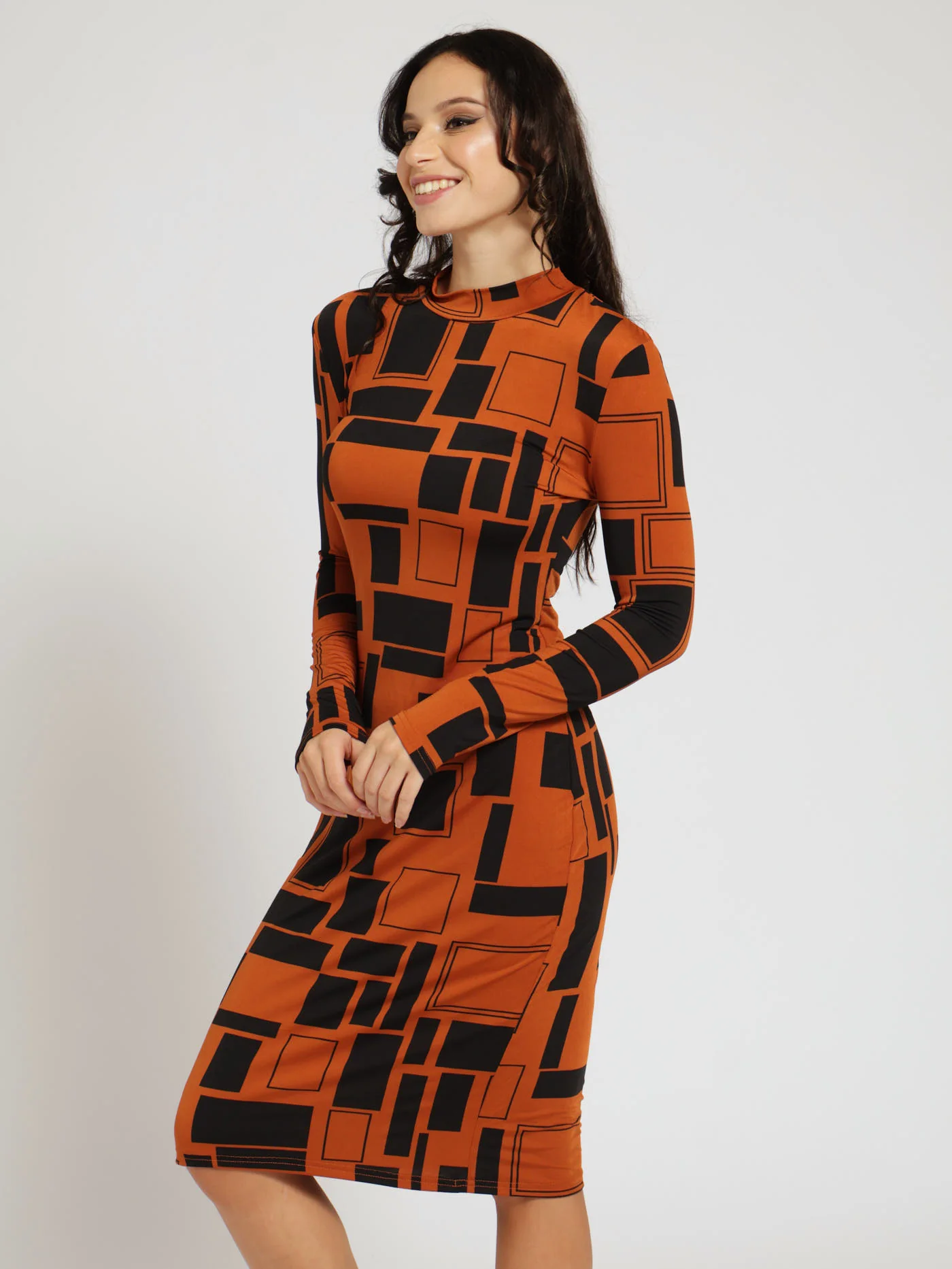 Long Sleeve Print Bodycon Dress - Black/Brown - Image 2