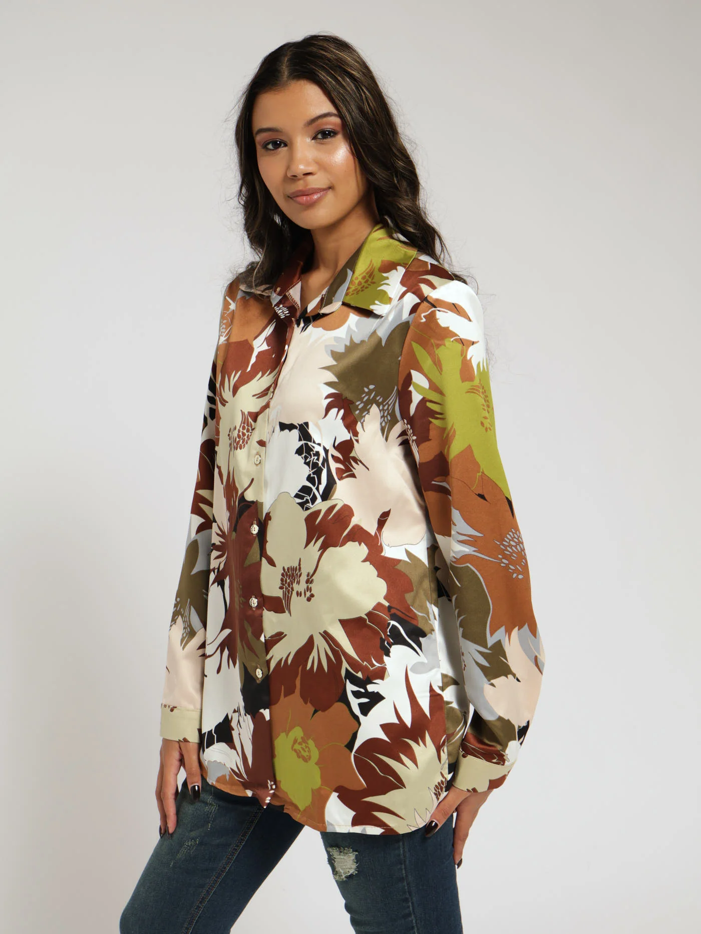 Long Sleeve Print Satin Shirt - Image 2