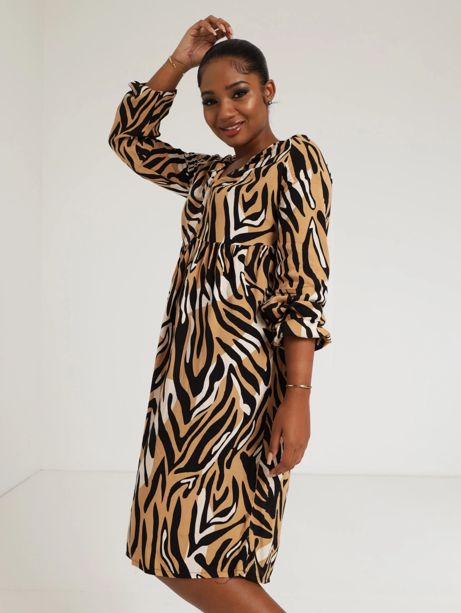 Long Sleeve Printed Dress - Tan - Image 3