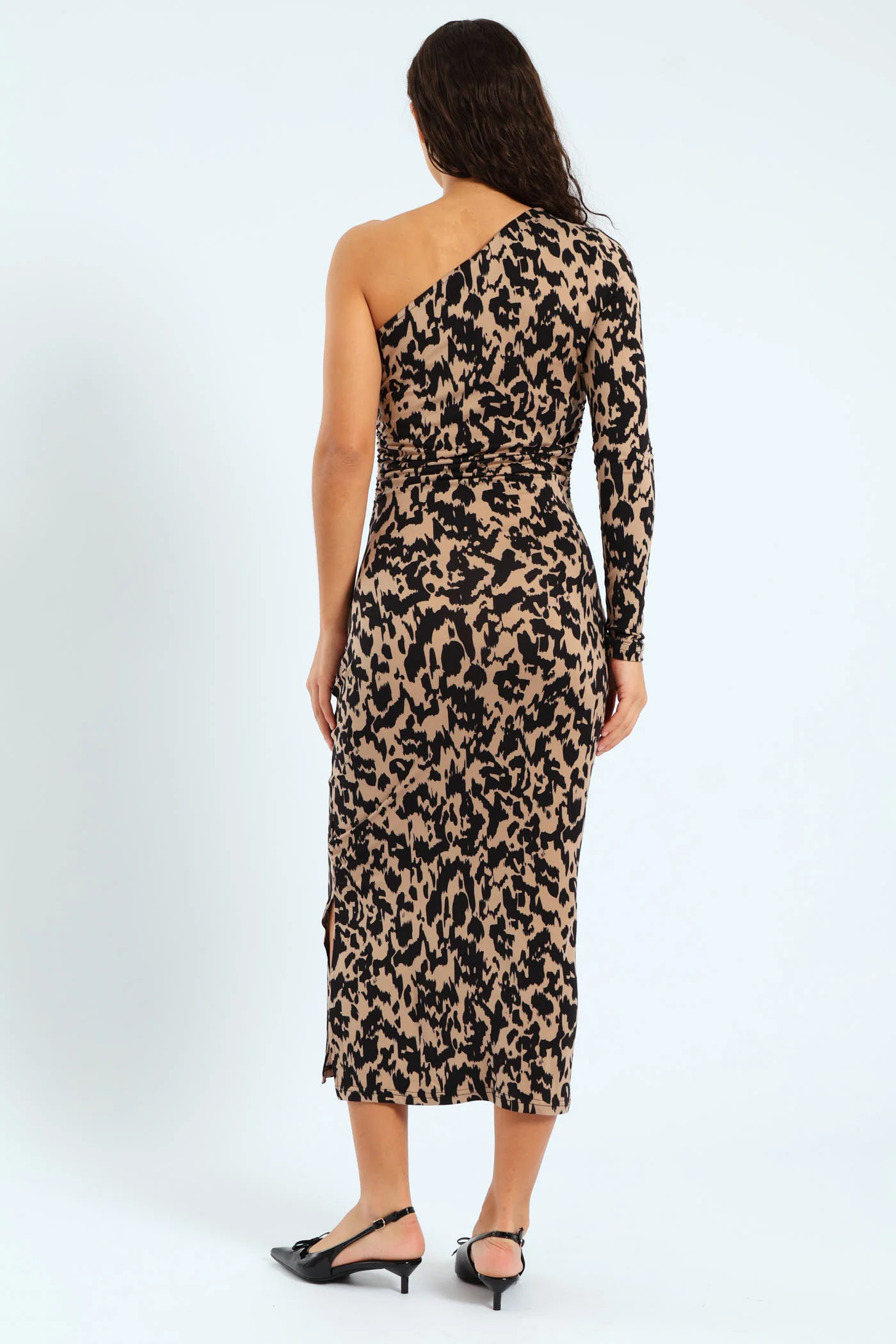 Long Sleeve Printed Midaxi Dress - Beige/Black - Image 4