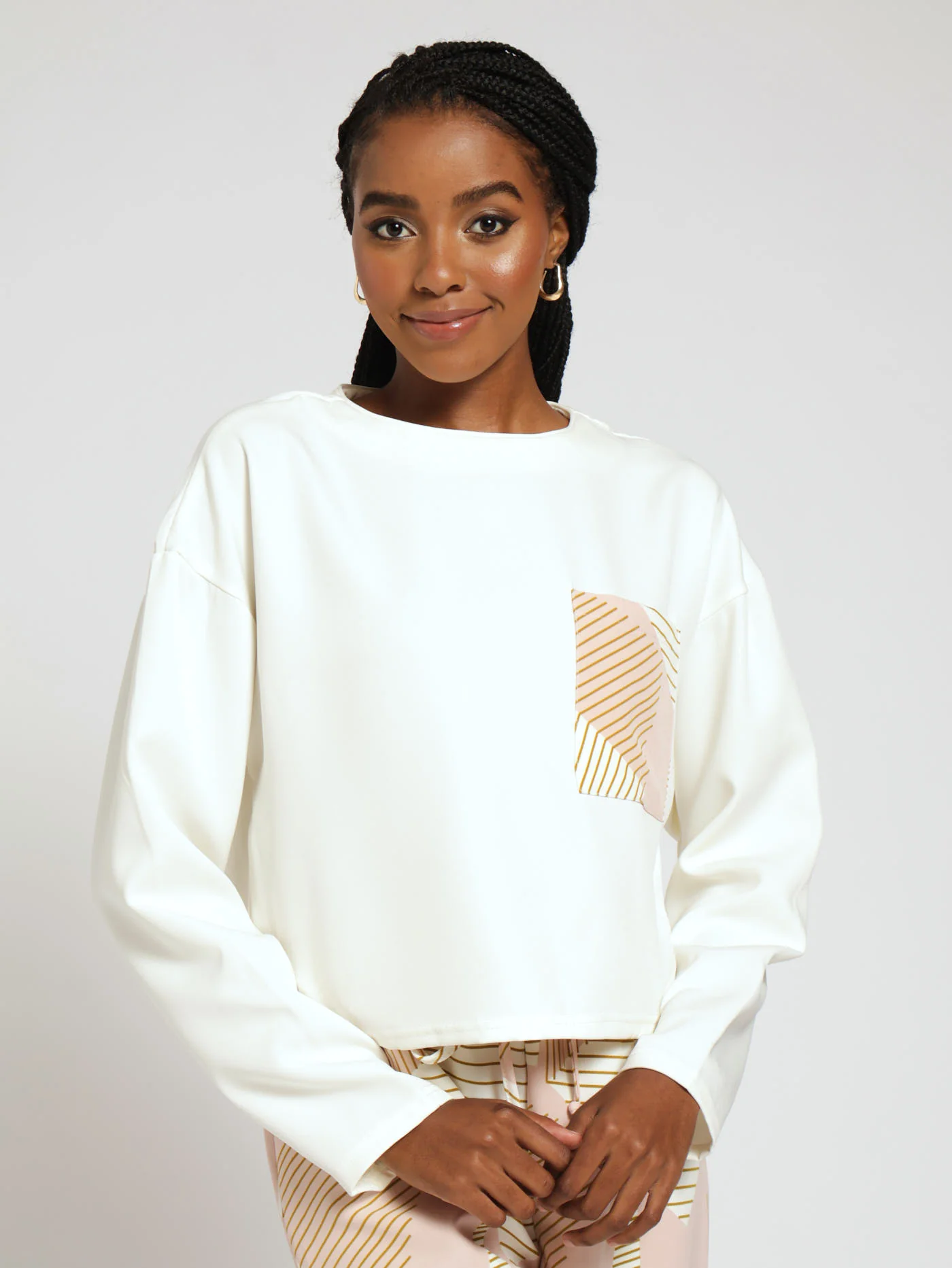 Long Sleeve Printed Pocket Top - Cream