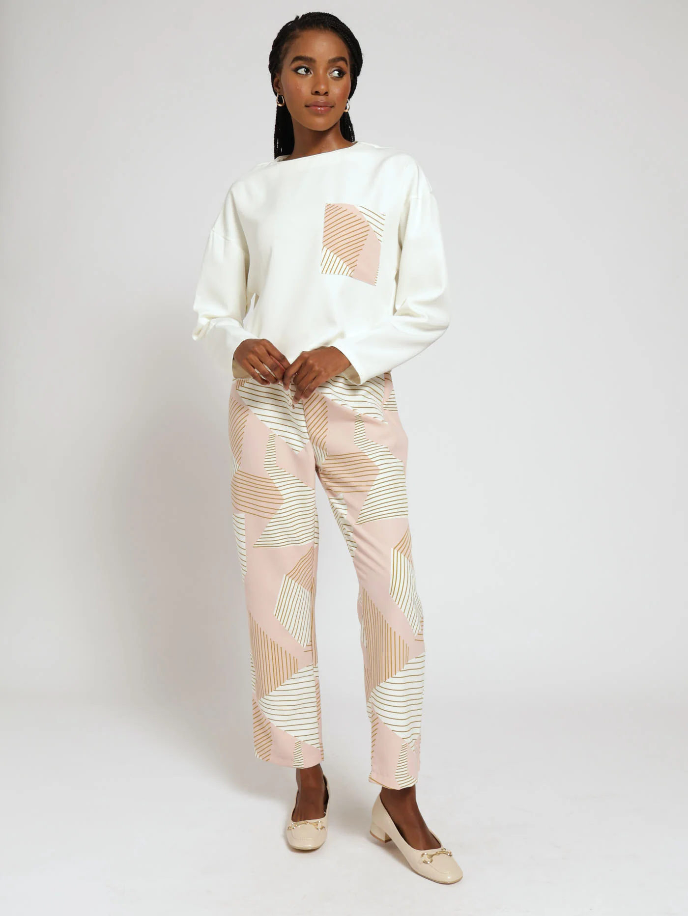 Long Sleeve Printed Pocket Top - Cream - Image 4