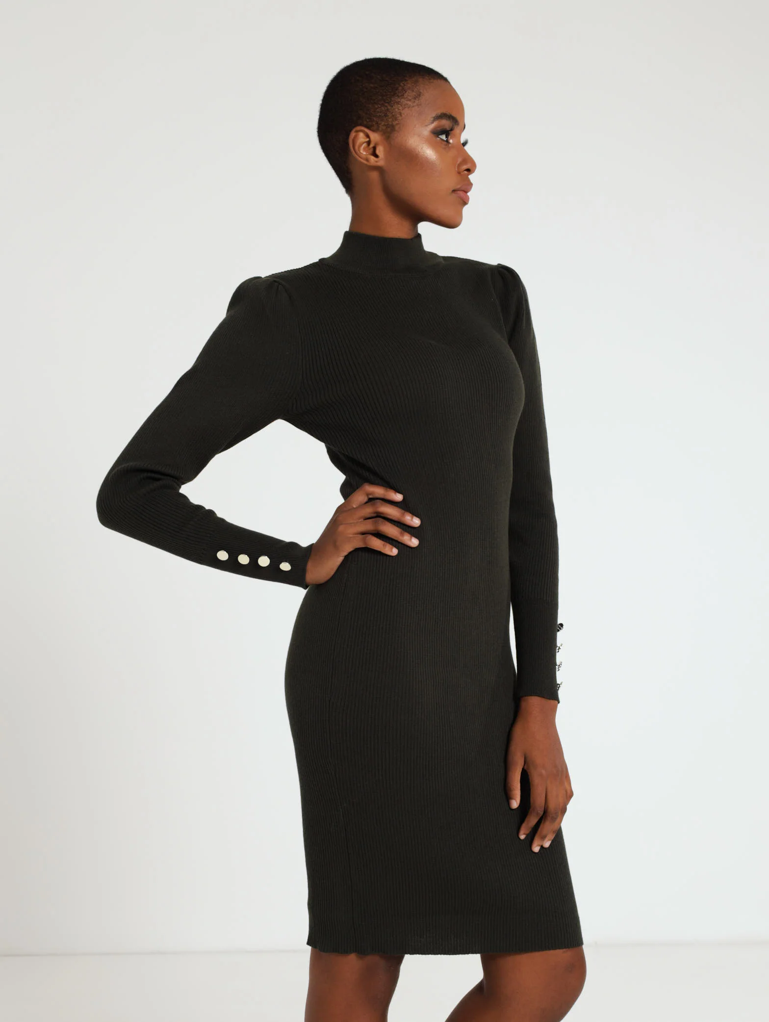 Long Sleeve Puff Sleeve Bodycon Ribbed Dress