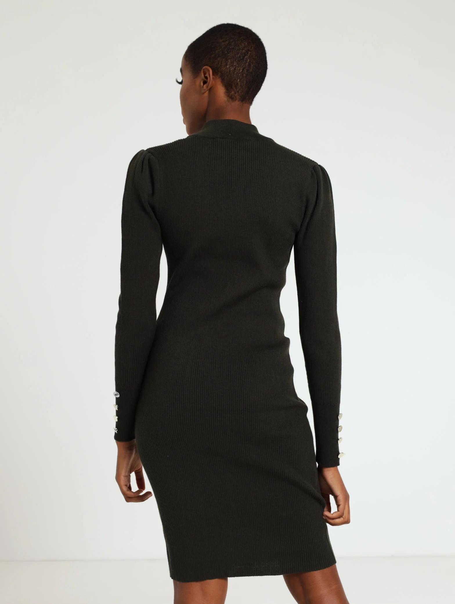 Long Sleeve Puff Sleeve Bodycon Ribbed Dress - Image 3