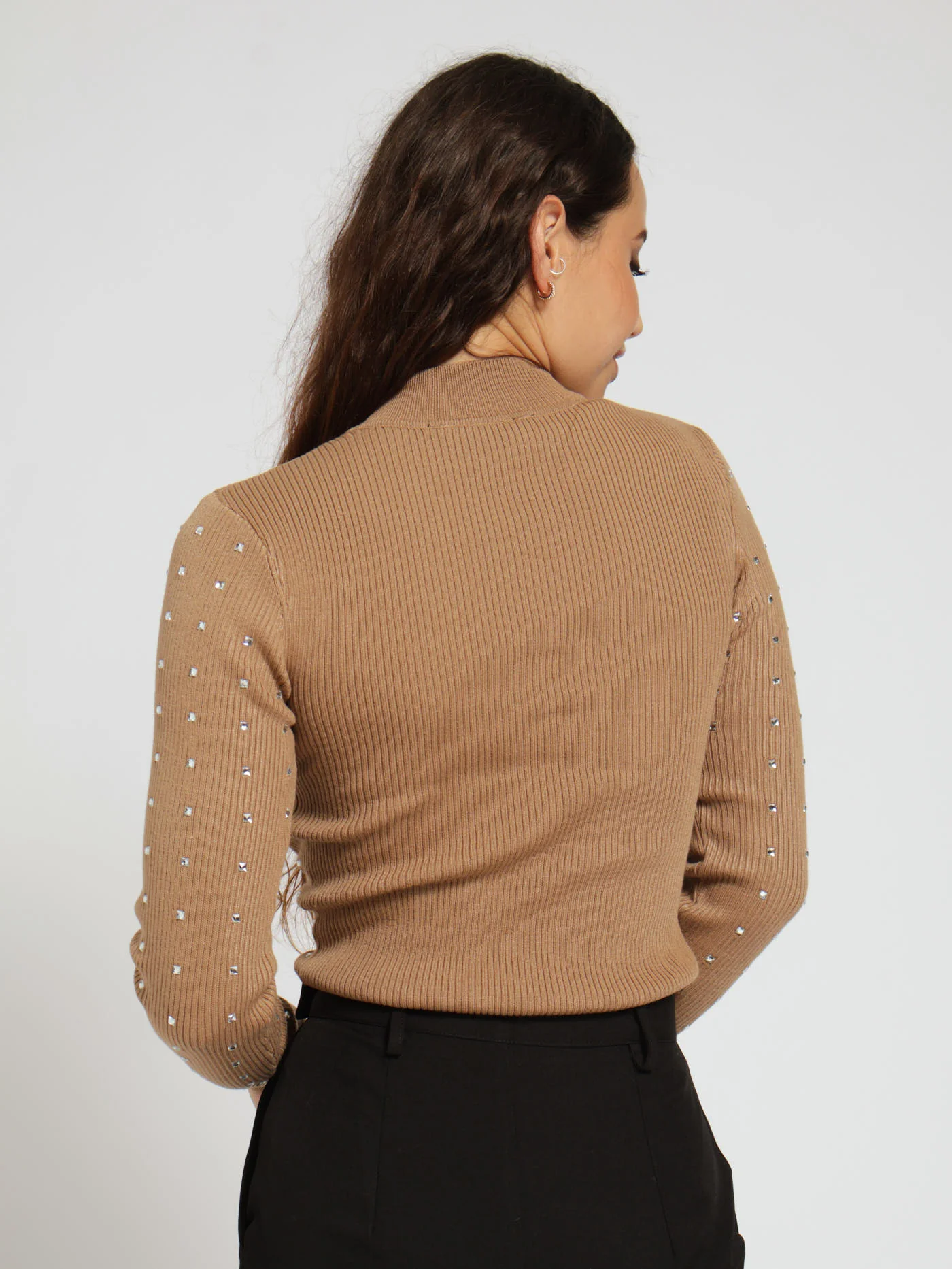 Long Sleeve Rhinestone Turtle Neck Top - Tan - Image 3