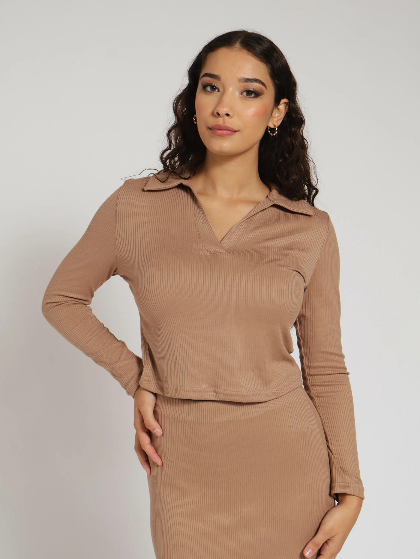 Long Sleeve Rib Golfer - Caramel