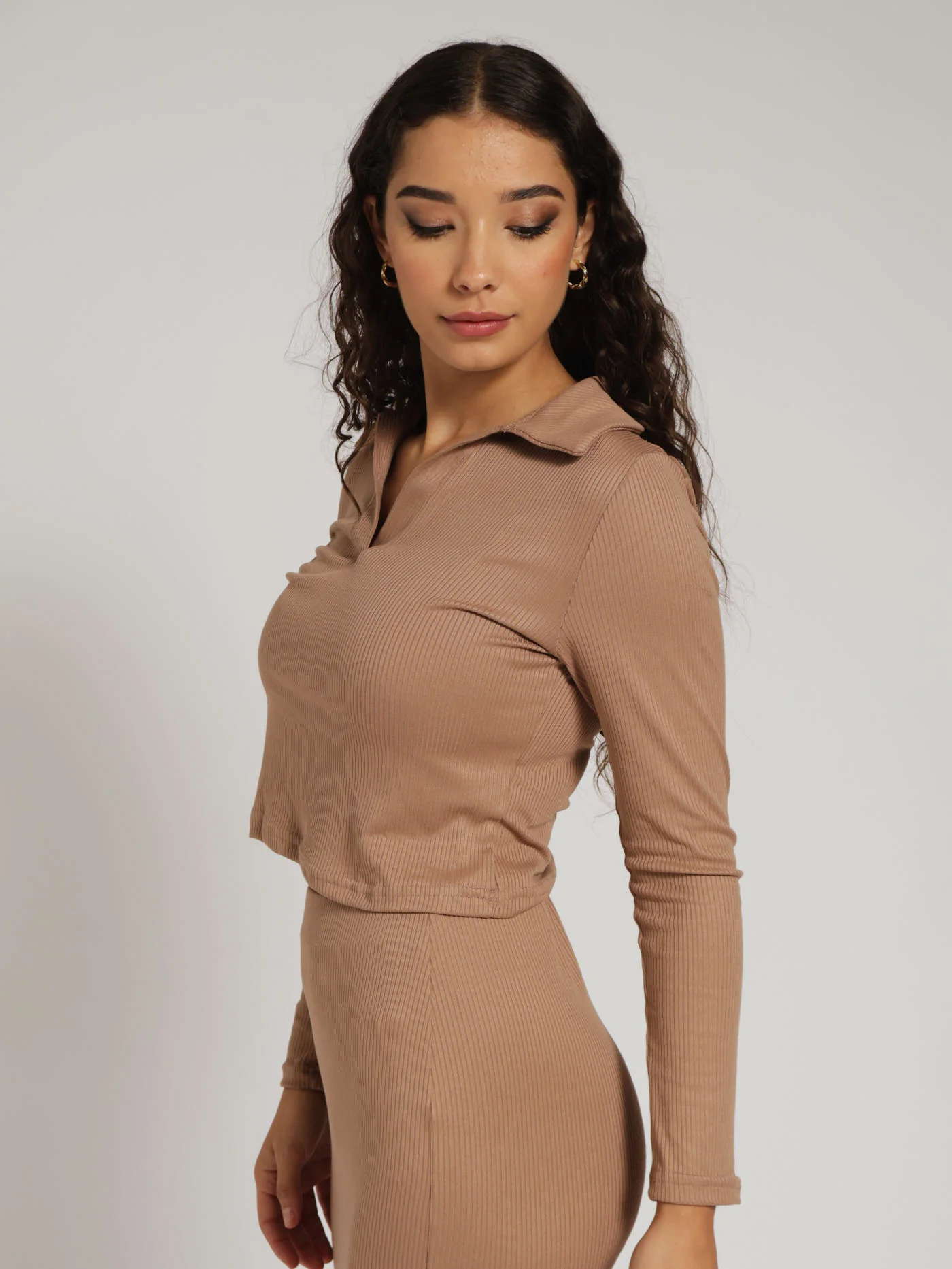 Long Sleeve Rib Golfer - Caramel - Image 2