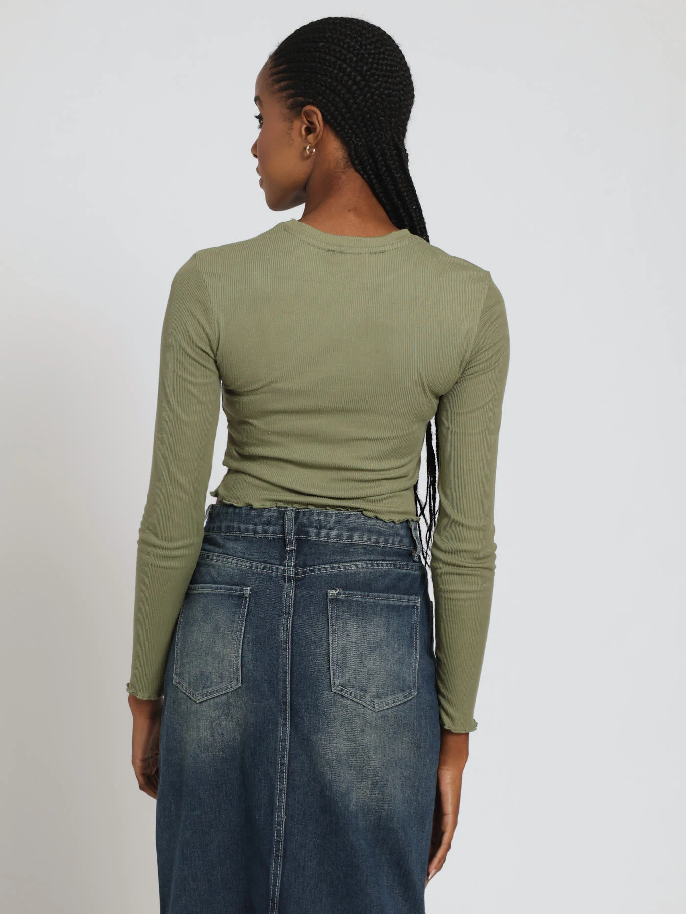 Long Sleeve Ribb Flossed Hem Tee - Fatigue - Image 3