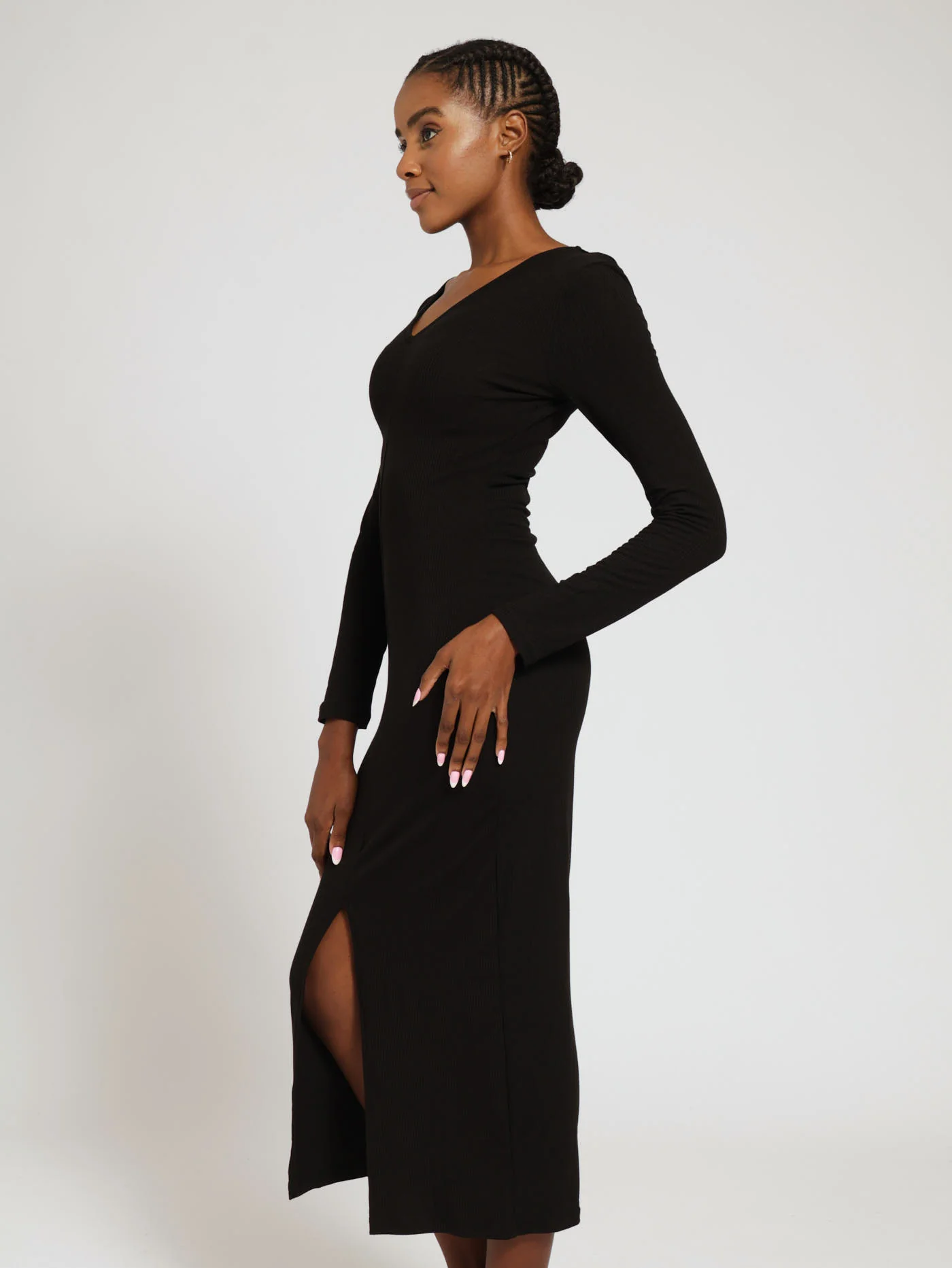 Long Sleeve Ribb Maxi Dress - Black - Image 2