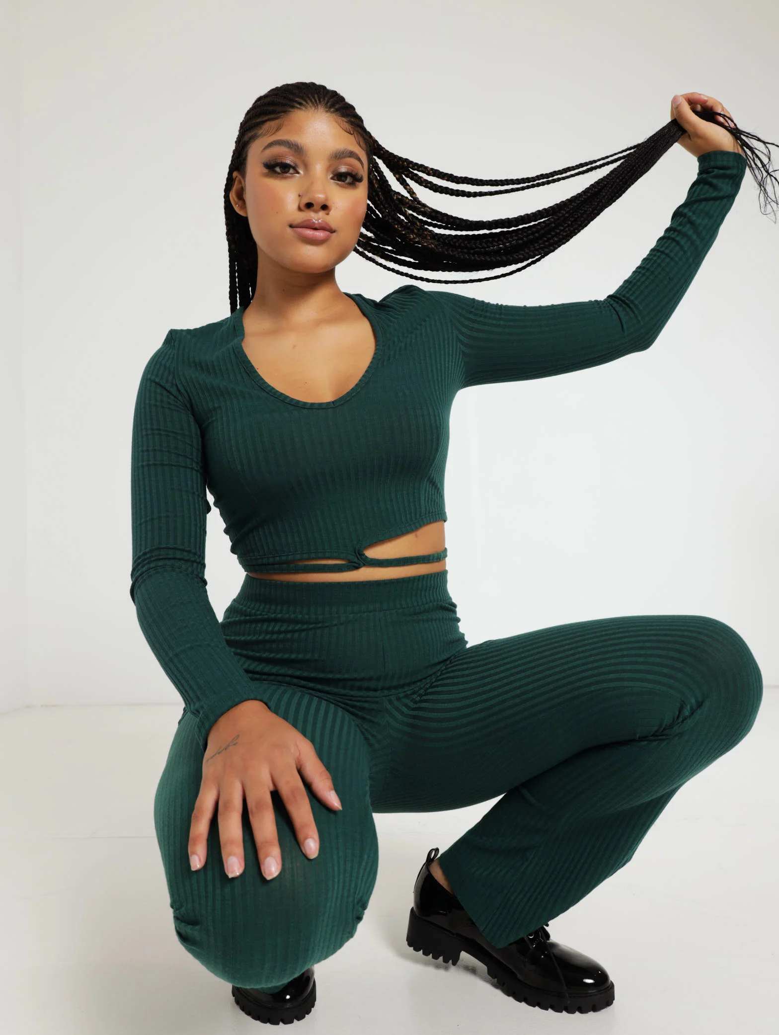 Long Sleeve Ribb Tie Waist Top