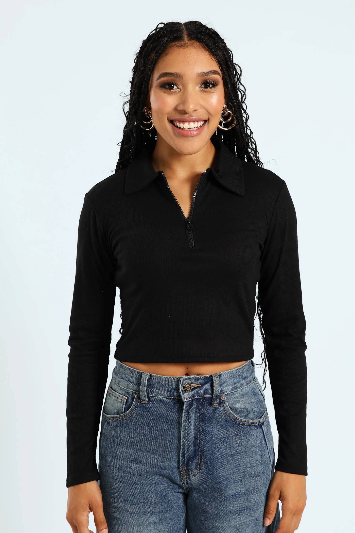 Long Sleeve Ribb Zip Golfer - Black
