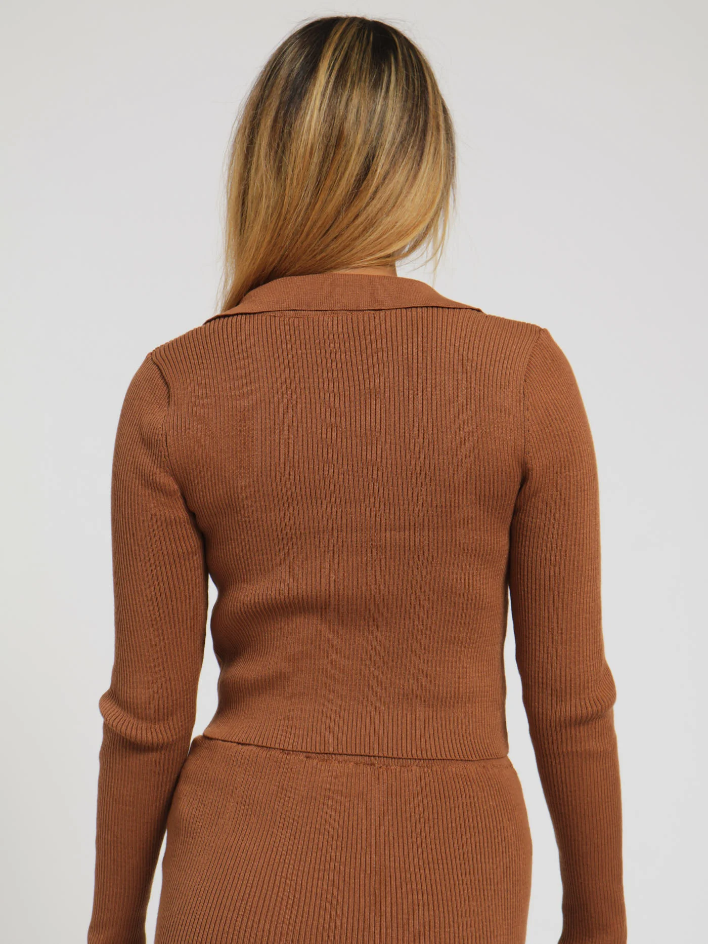 Long Sleeve Ribbed Collared V-Neck Pullover - Tan - Image 3