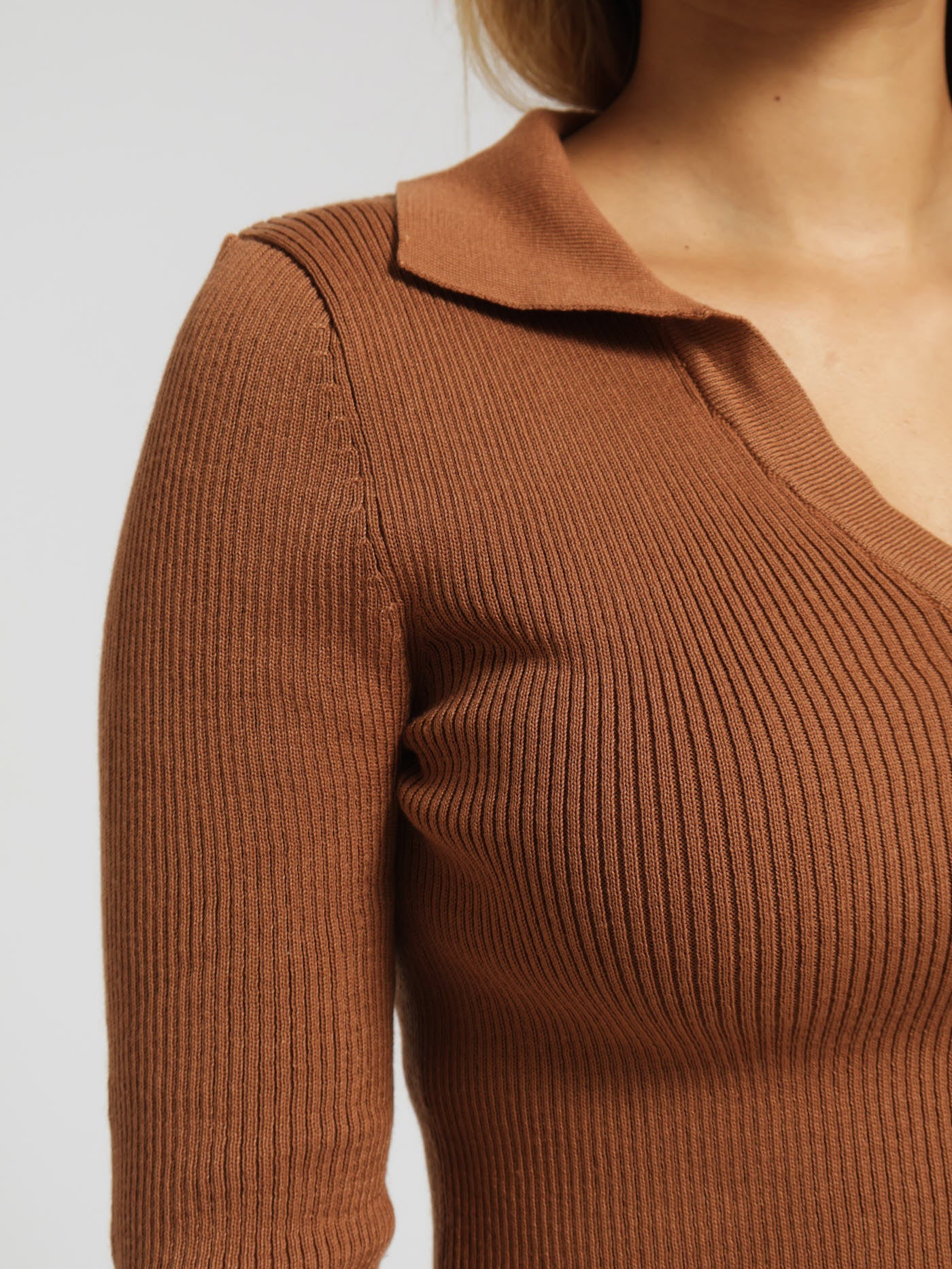 Long Sleeve Ribbed Collared V-Neck Pullover - Tan - Image 4