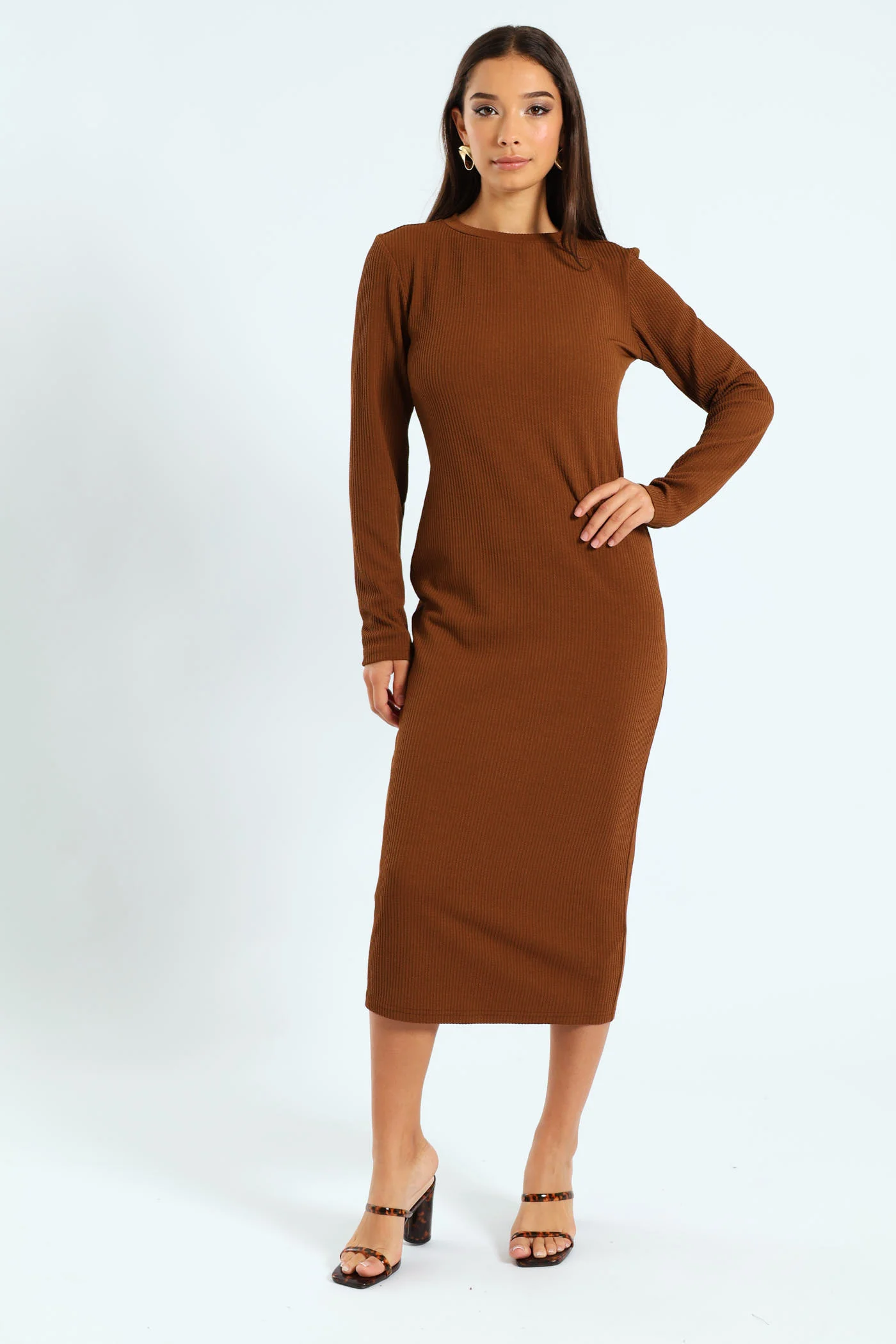 Long Sleeve Ribbed Figure Hugging Bodycon Dress - Brown