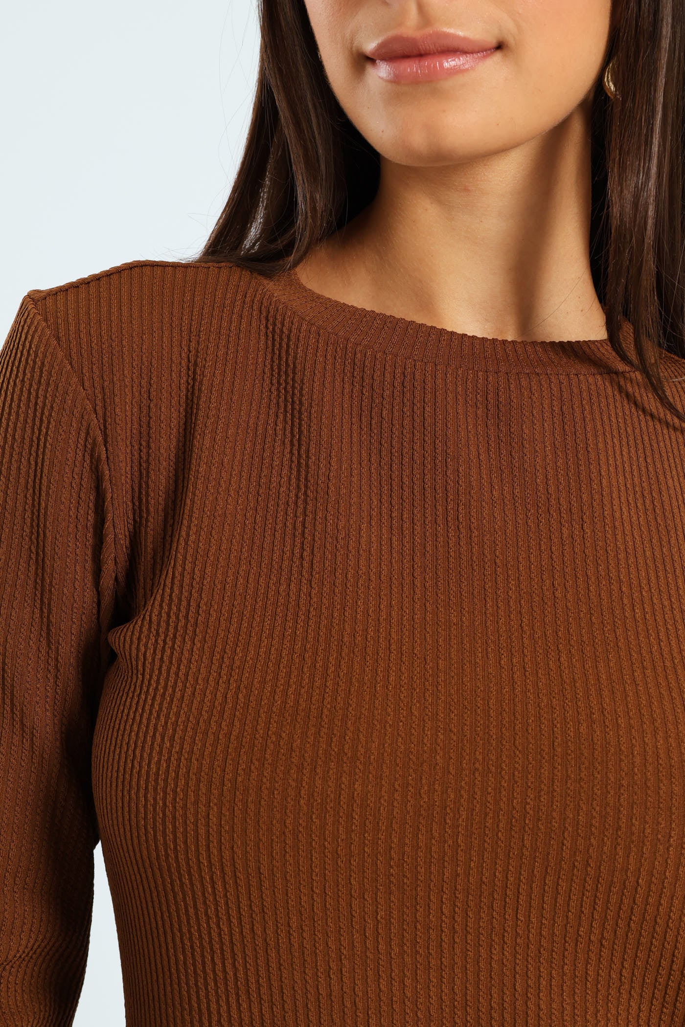 Long Sleeve Ribbed Figure Hugging Bodycon Dress - Brown - Image 3