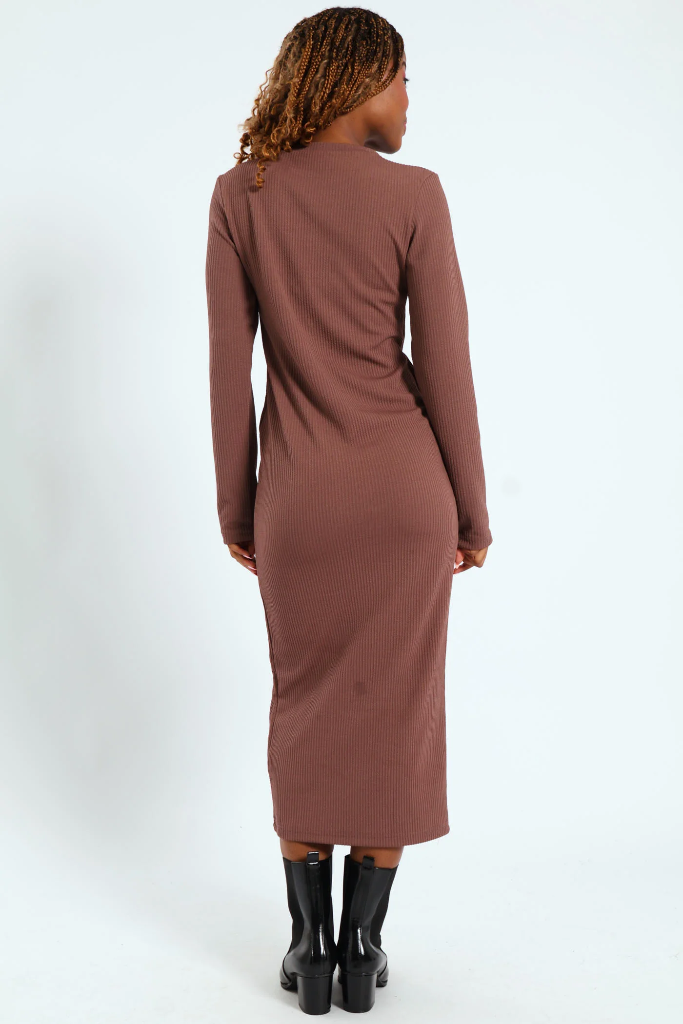 Long Sleeve Ribbed Figure Hugging Bodycon Dress - Taupe - Image 4