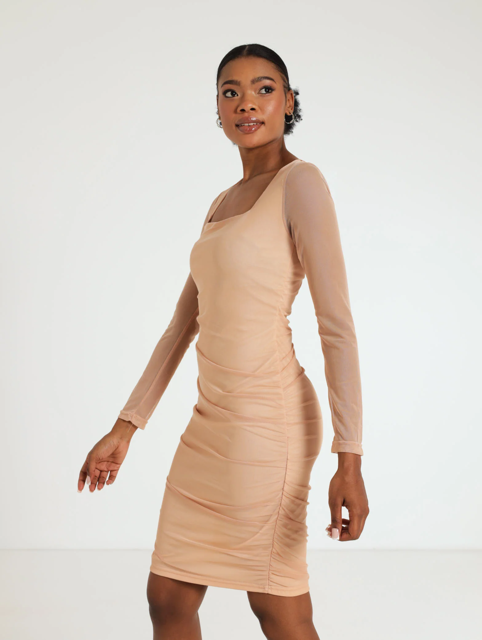 Long Sleeve Rouched Mesh Bodycon Dress - Image 2