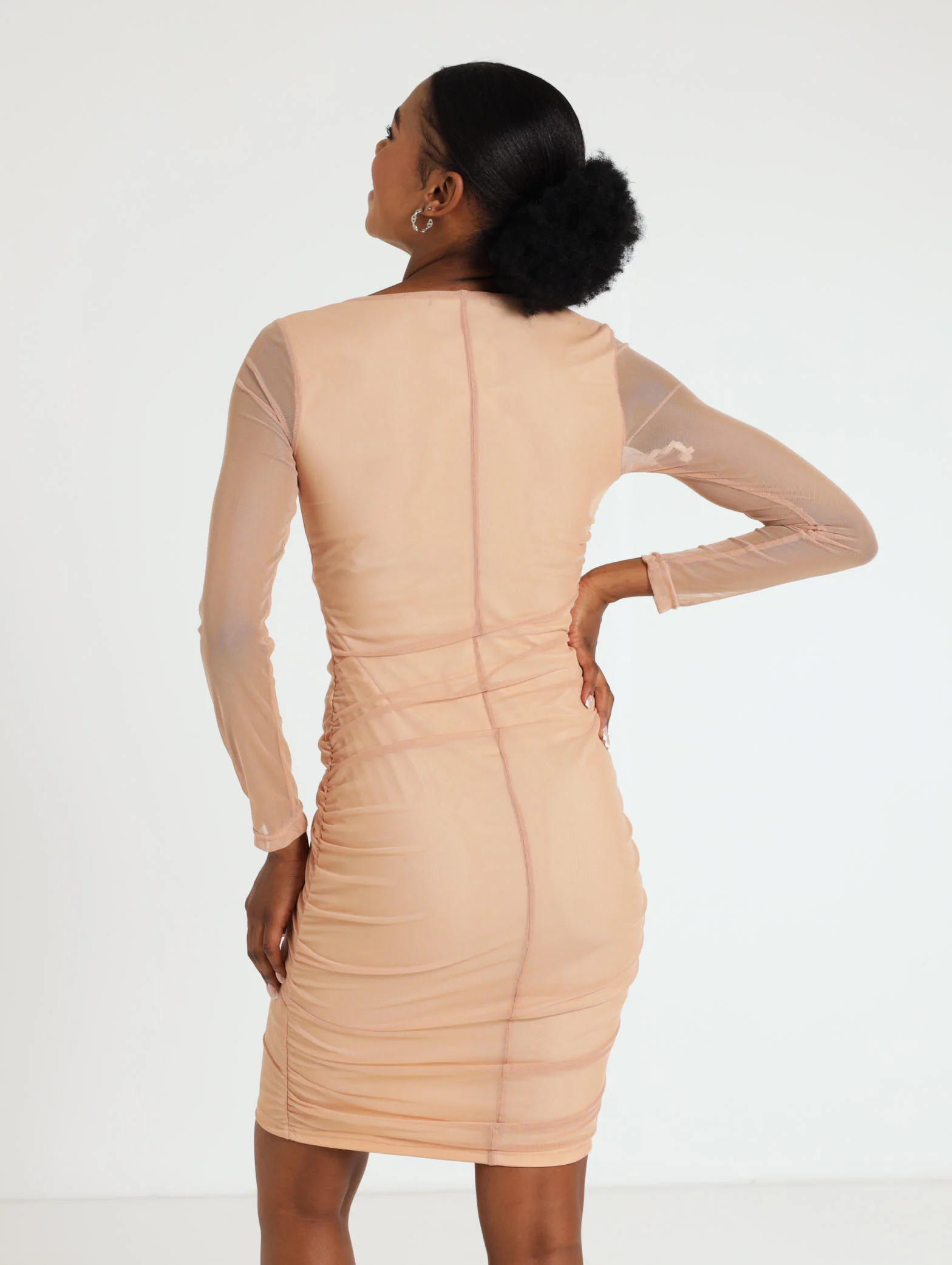 Long Sleeve Rouched Mesh Bodycon Dress - Image 3