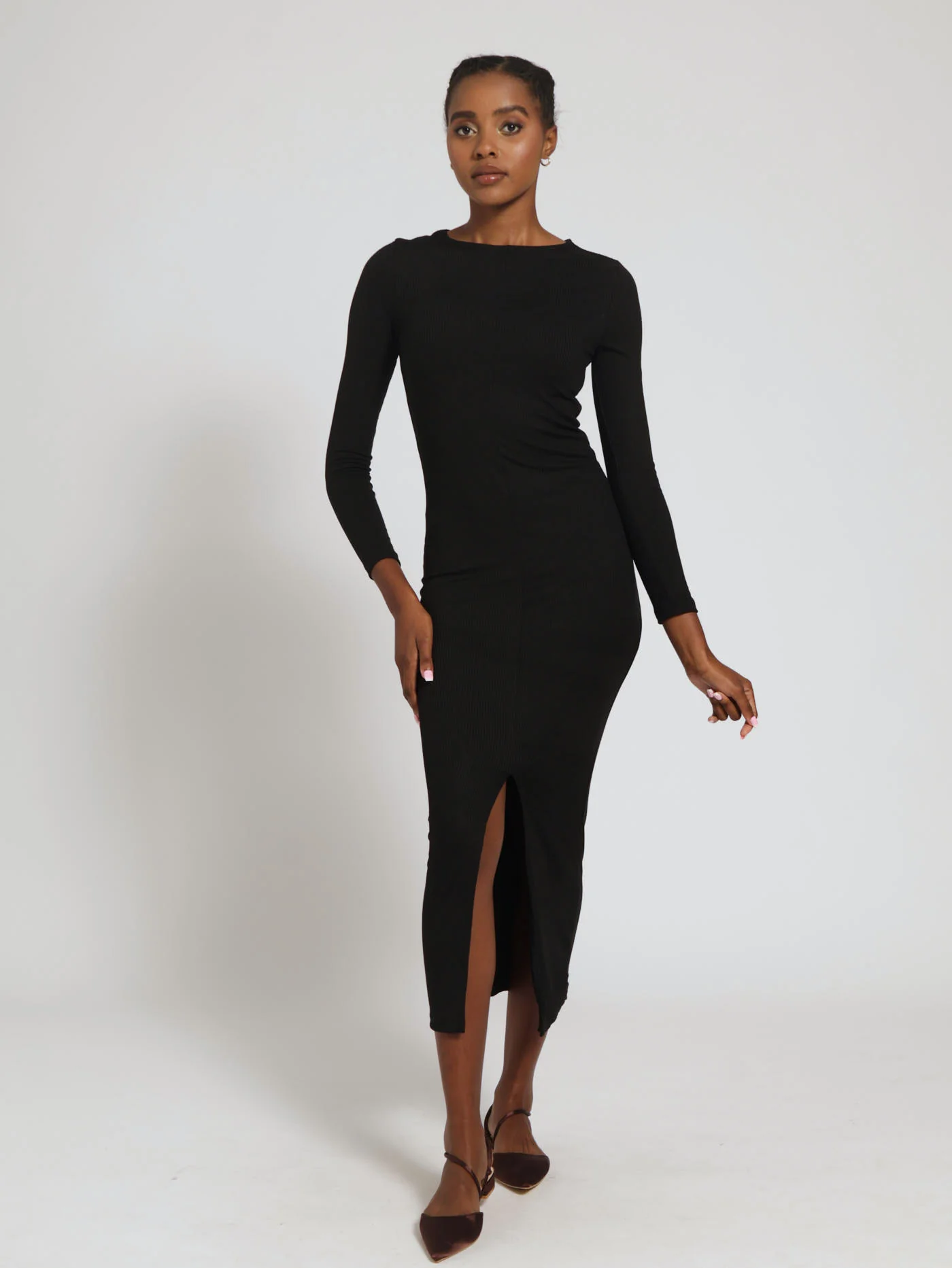 Long Sleeve Round Neck Rib Midi Dress - Black