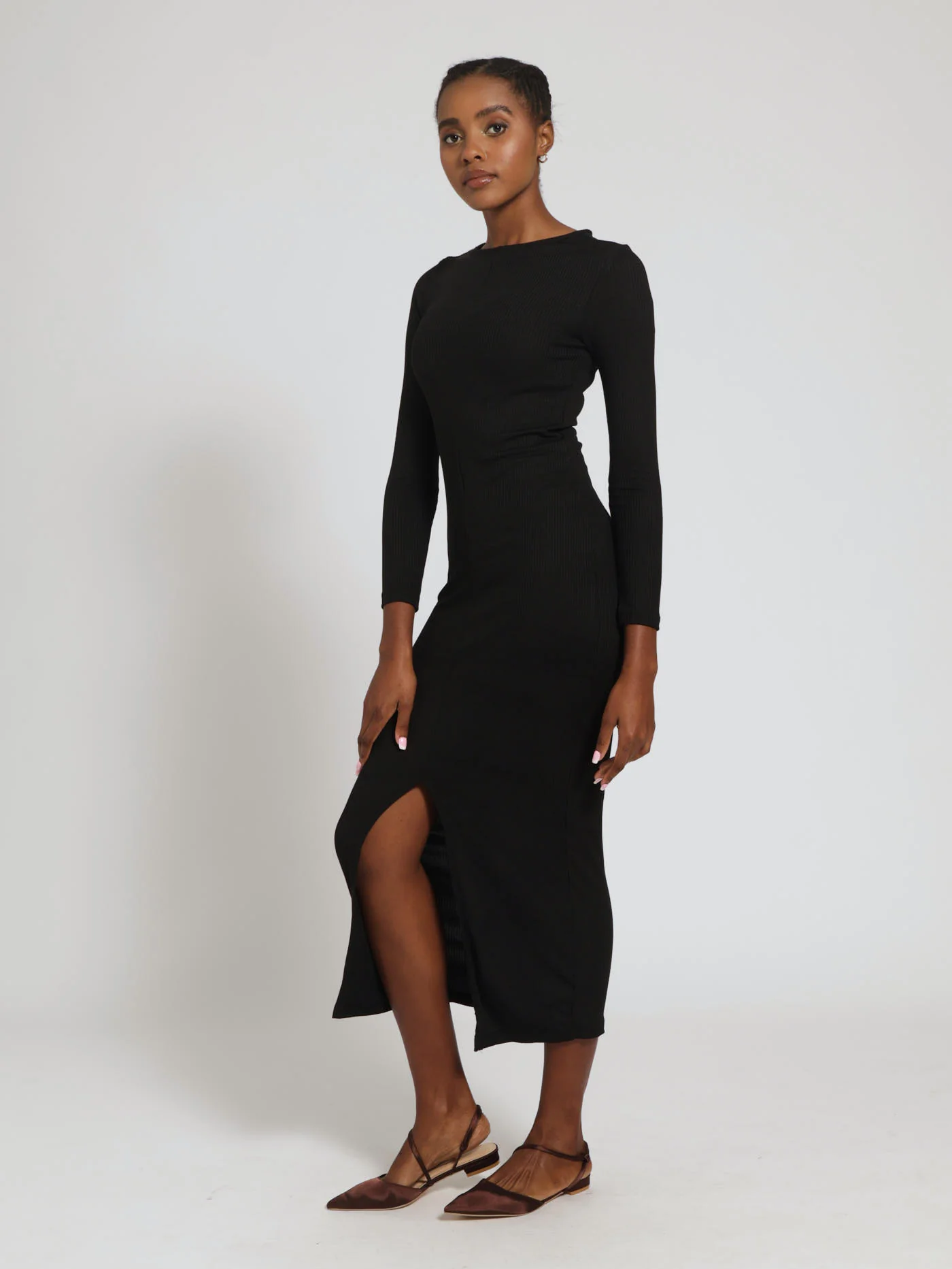 Long Sleeve Round Neck Rib Midi Dress - Black - Image 2