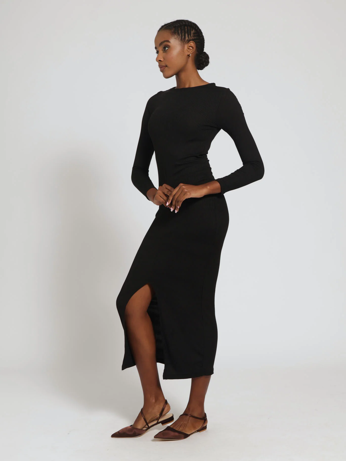 Long Sleeve Round Neck Rib Midi Dress - Black - Image 3