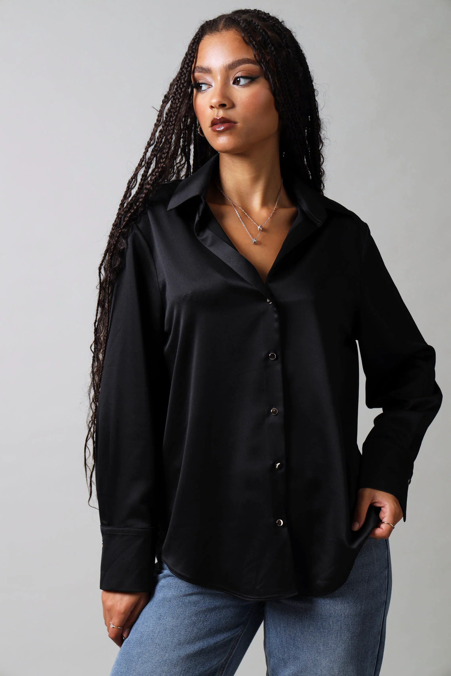 Long Sleeve Satin Button Down Shirt - Black
