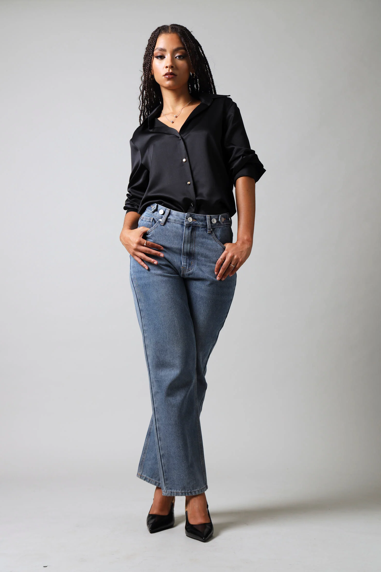 Long Sleeve Satin Button Down Shirt - Black - Image 2
