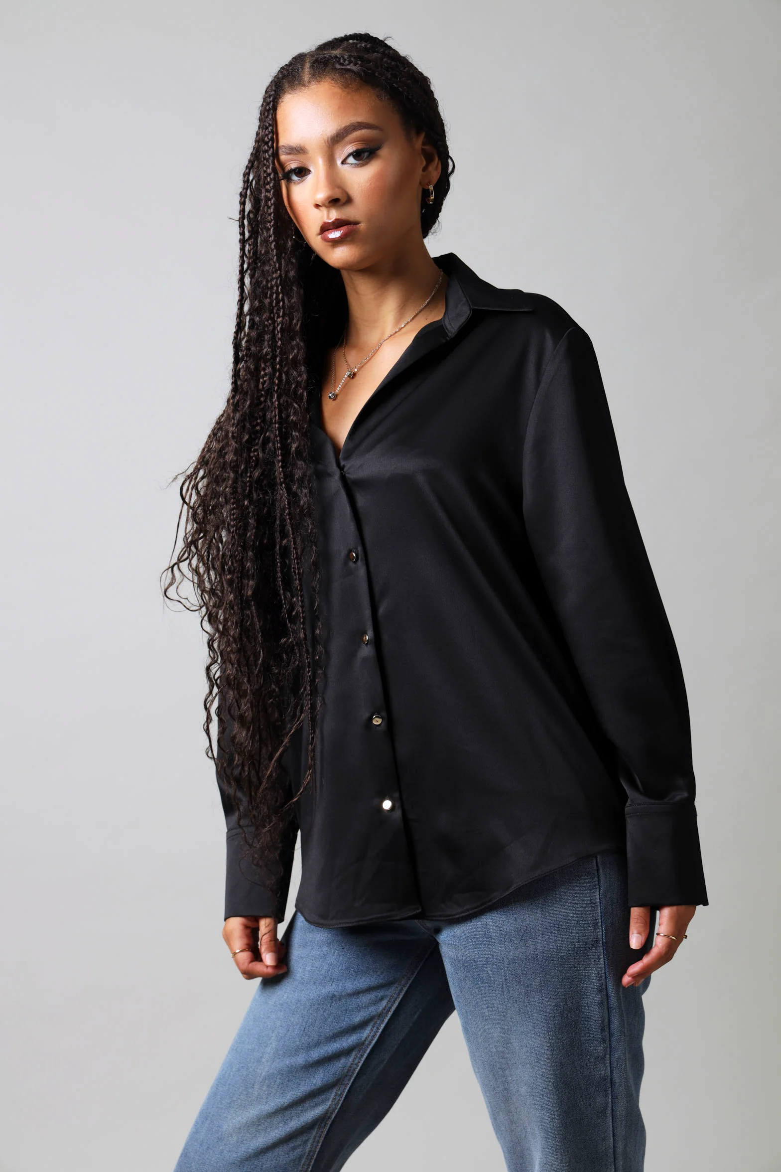 Long Sleeve Satin Button Down Shirt - Black - Image 3