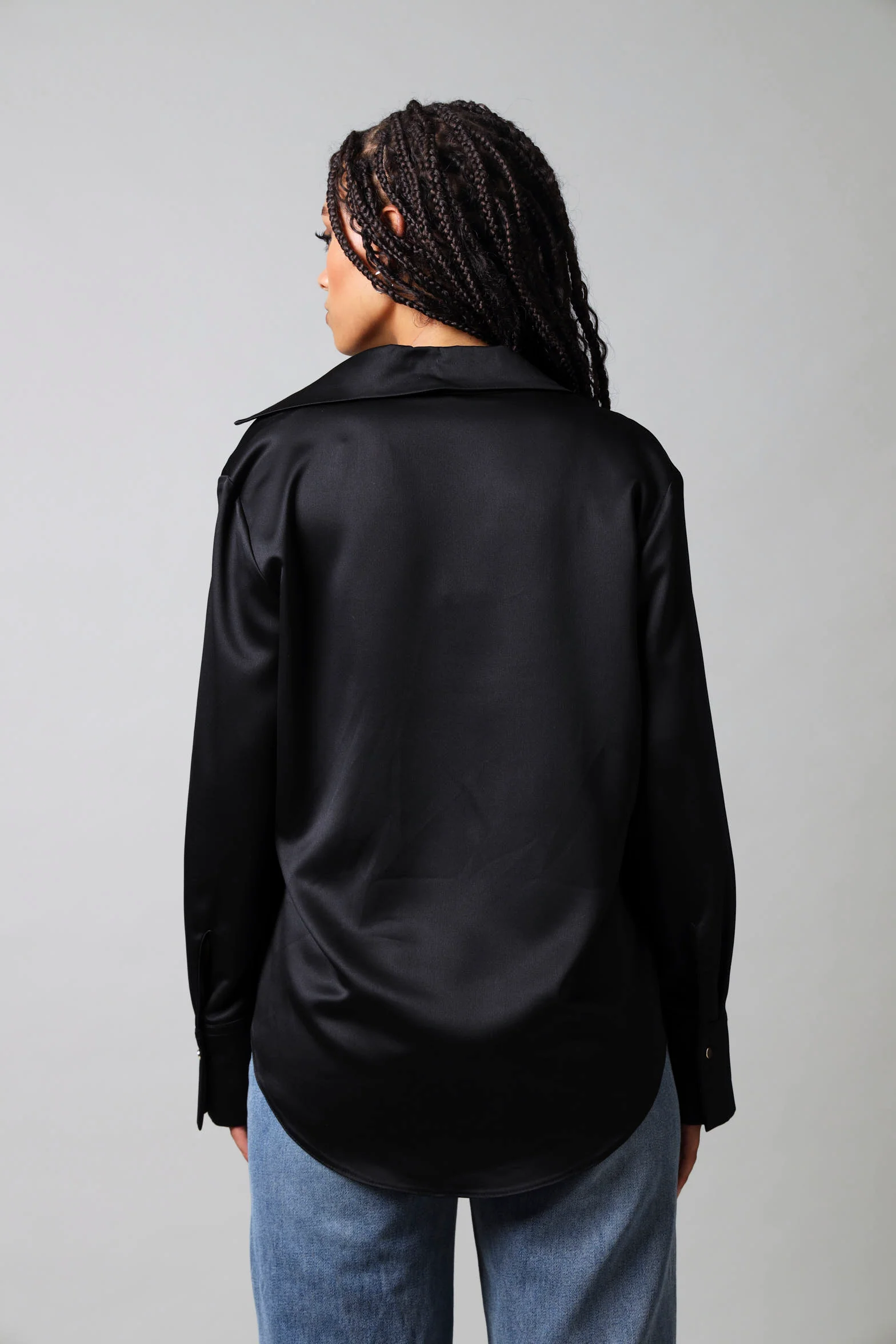 Long Sleeve Satin Button Down Shirt - Black - Image 4