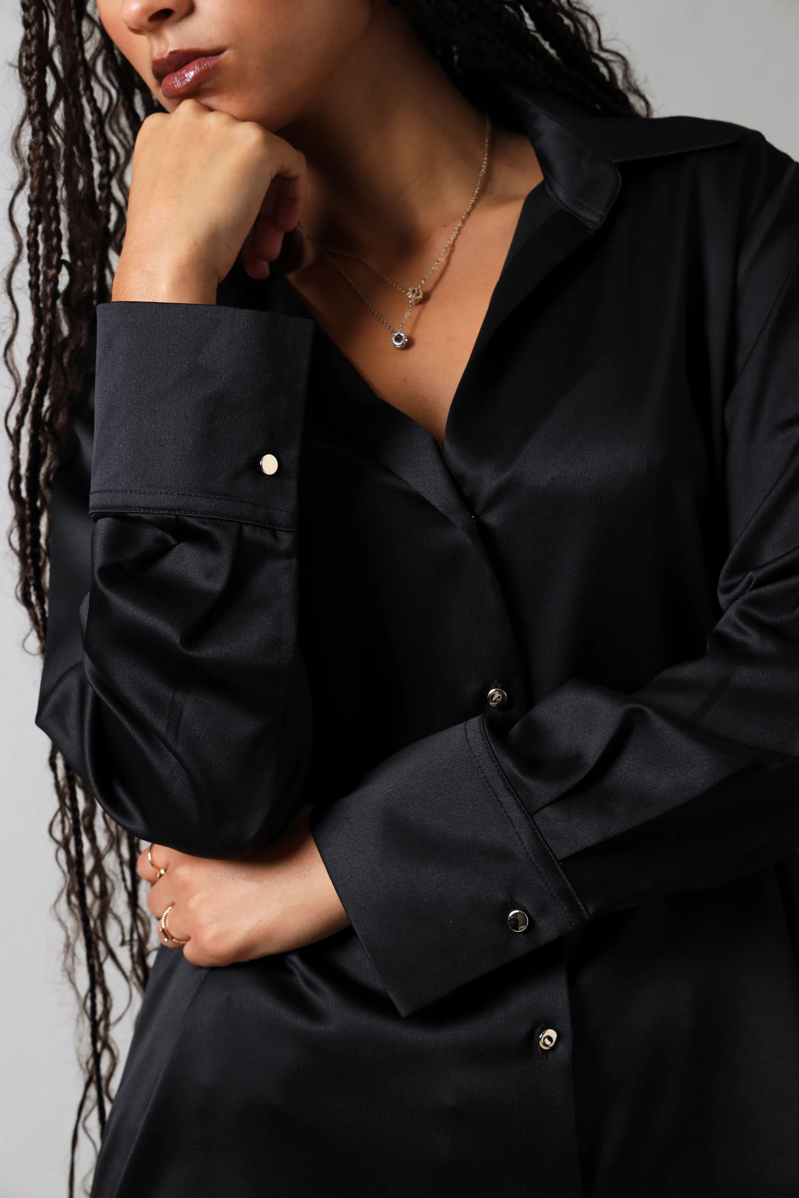 Long Sleeve Satin Button Down Shirt - Black - Image 5
