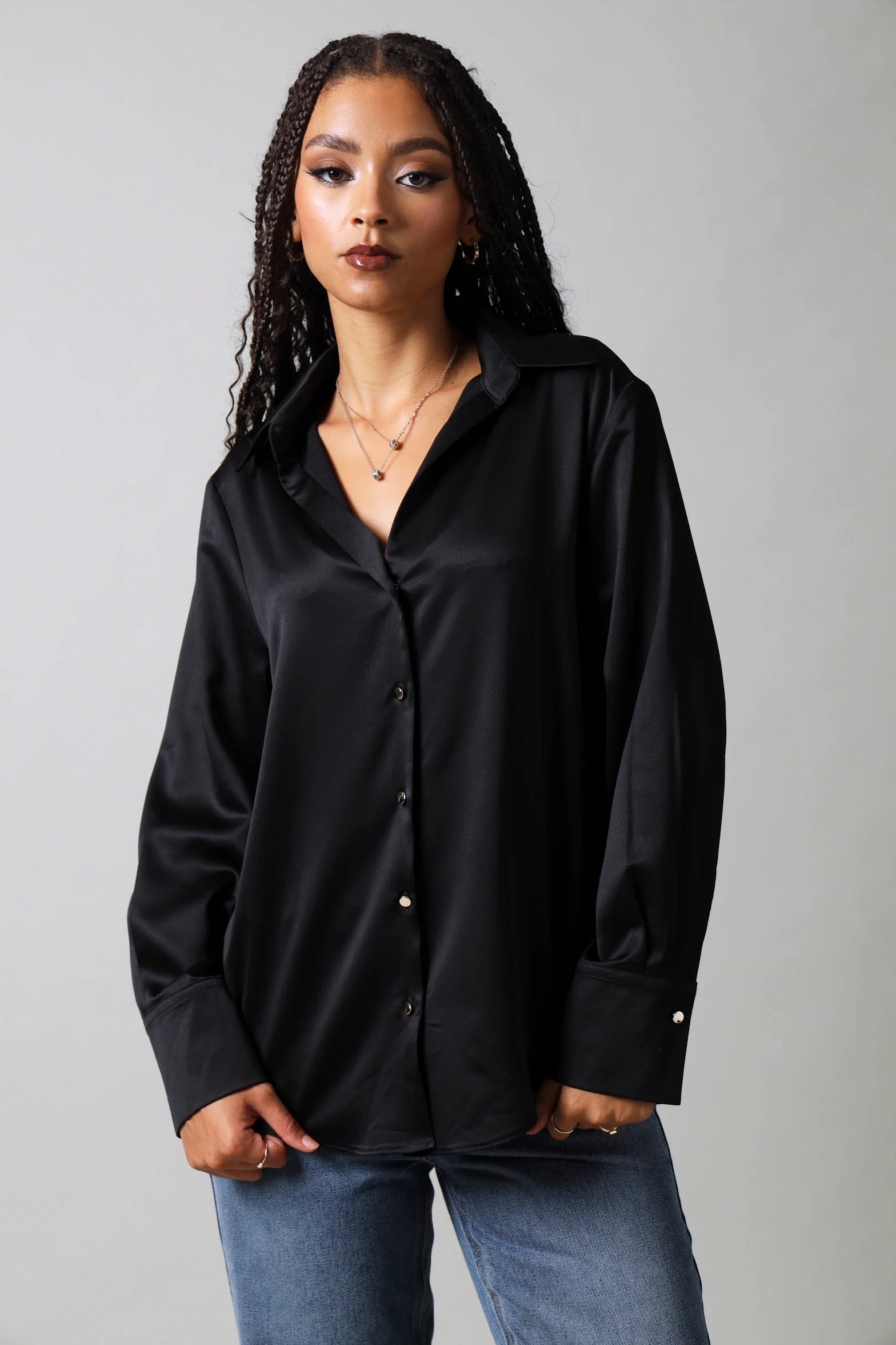 Long Sleeve Satin Button Down Shirt - Black - Image 6