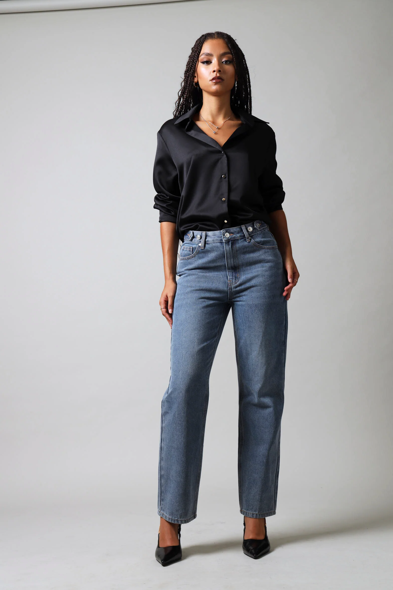 Long Sleeve Satin Button Down Shirt - Black - Image 7