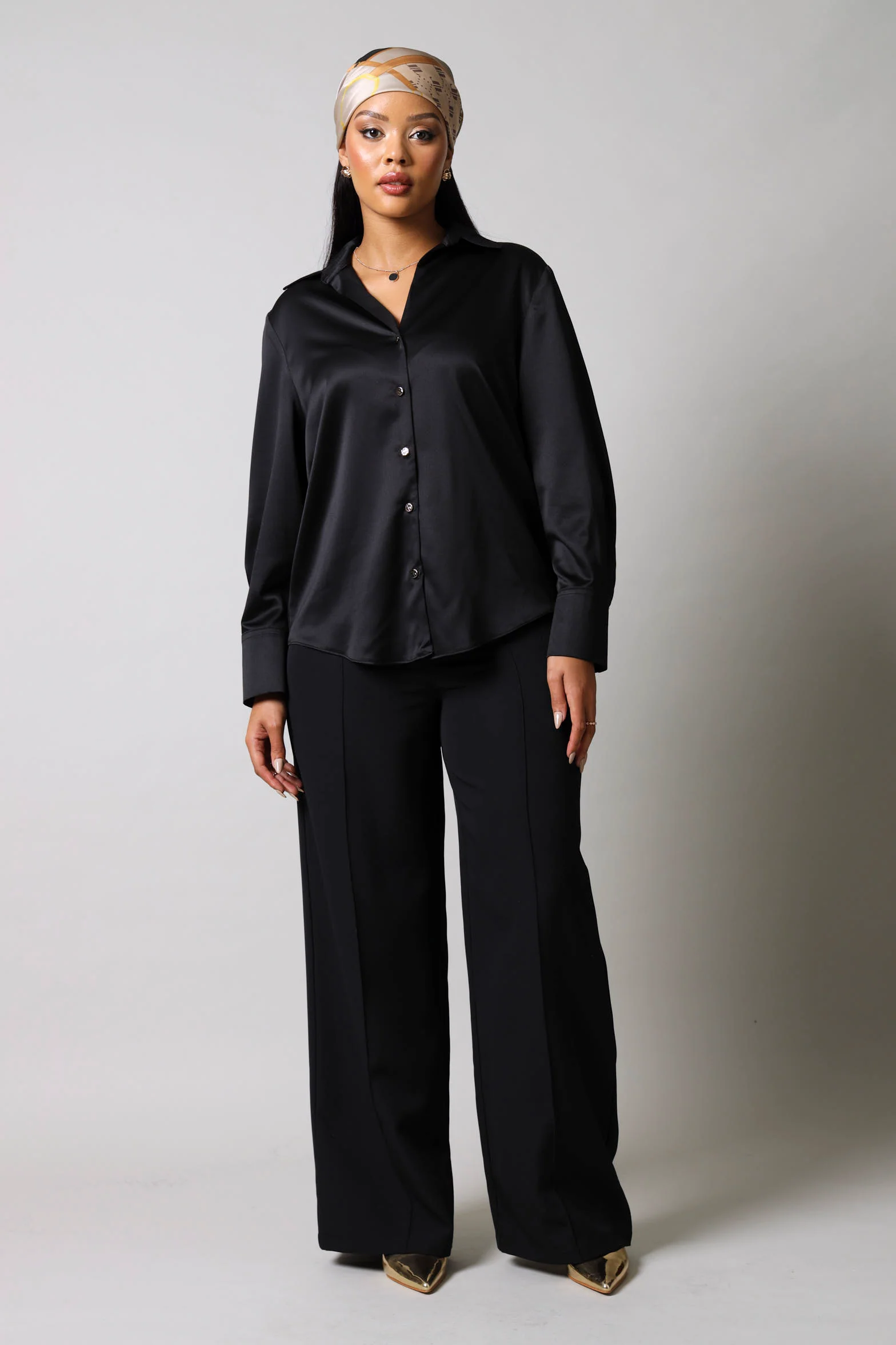 Long Sleeve Satin Button Through Shirt - Black