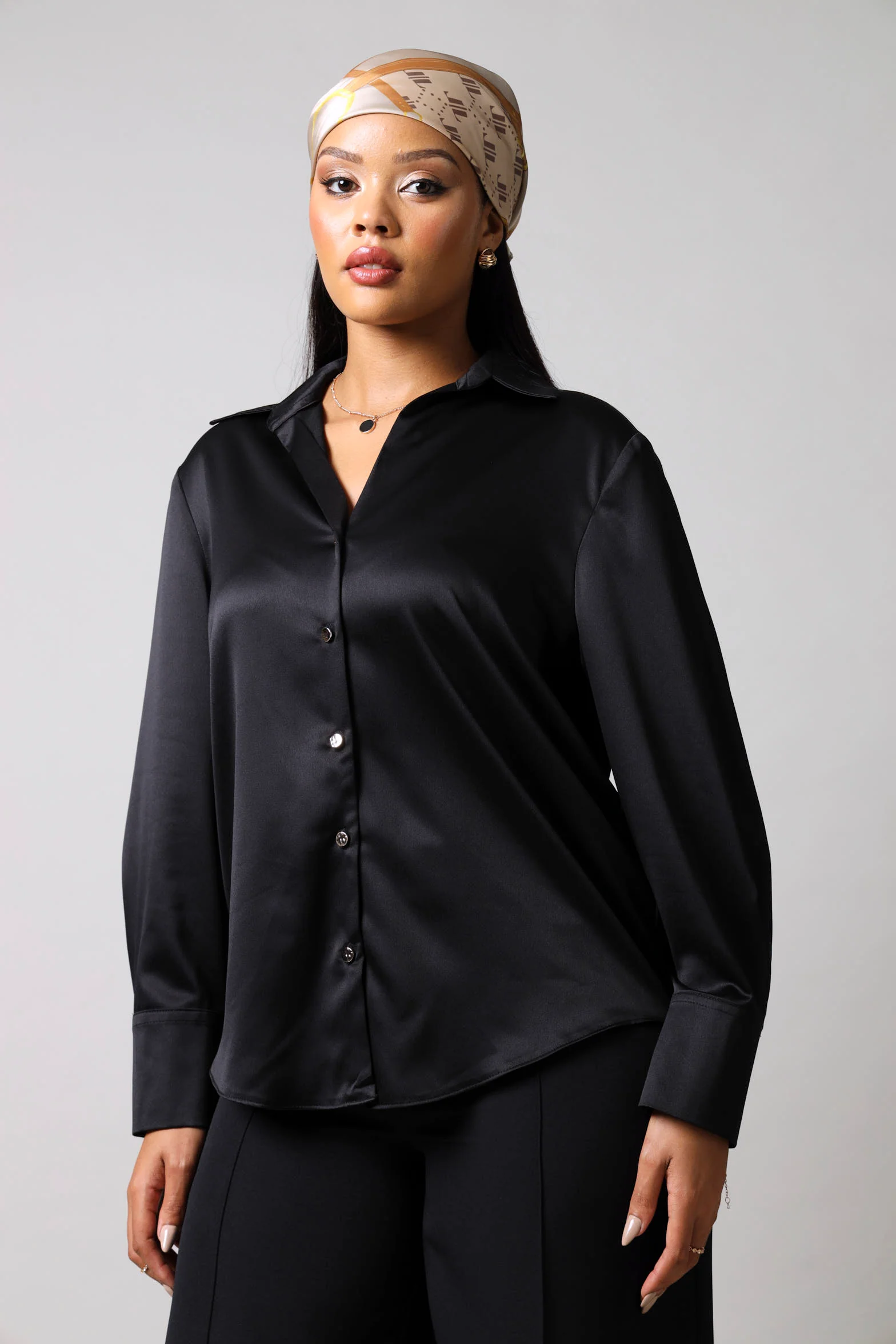 Long Sleeve Satin Button Through Shirt - Black - Image 2
