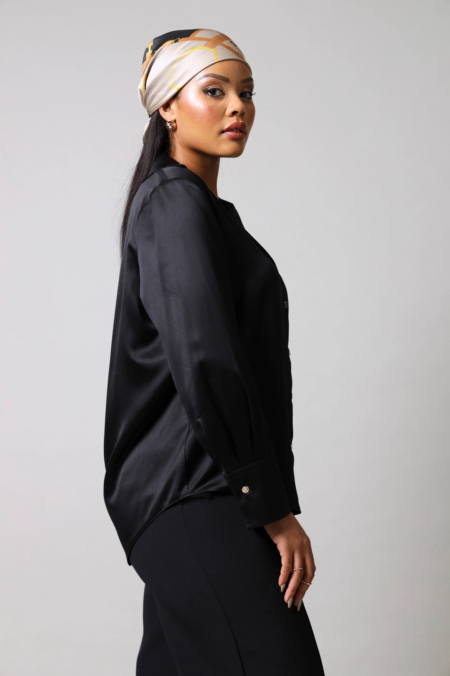 Long Sleeve Satin Button Through Shirt - Black - Image 3