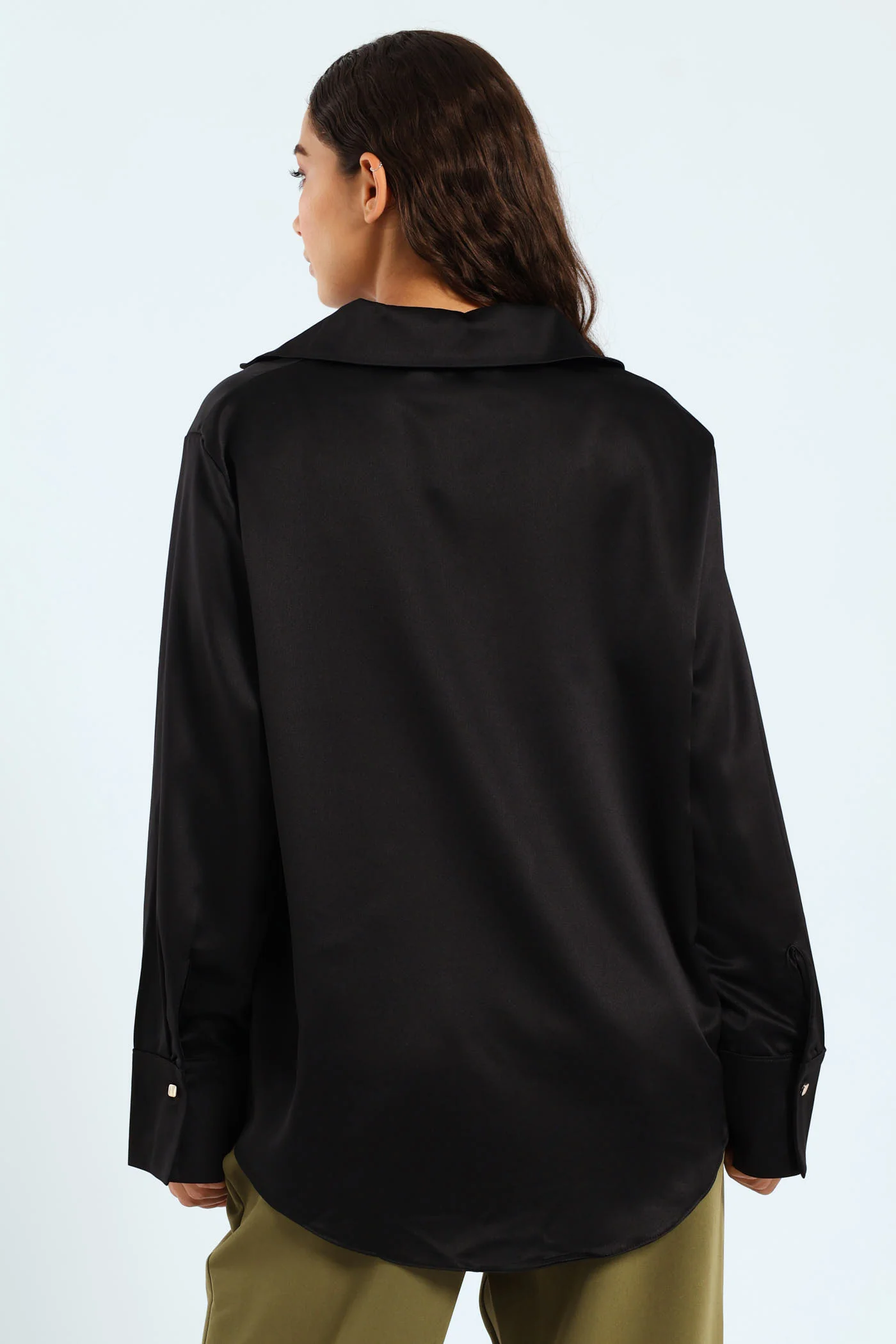Long Sleeve Satin Button Through Shirt - Black - Image 4