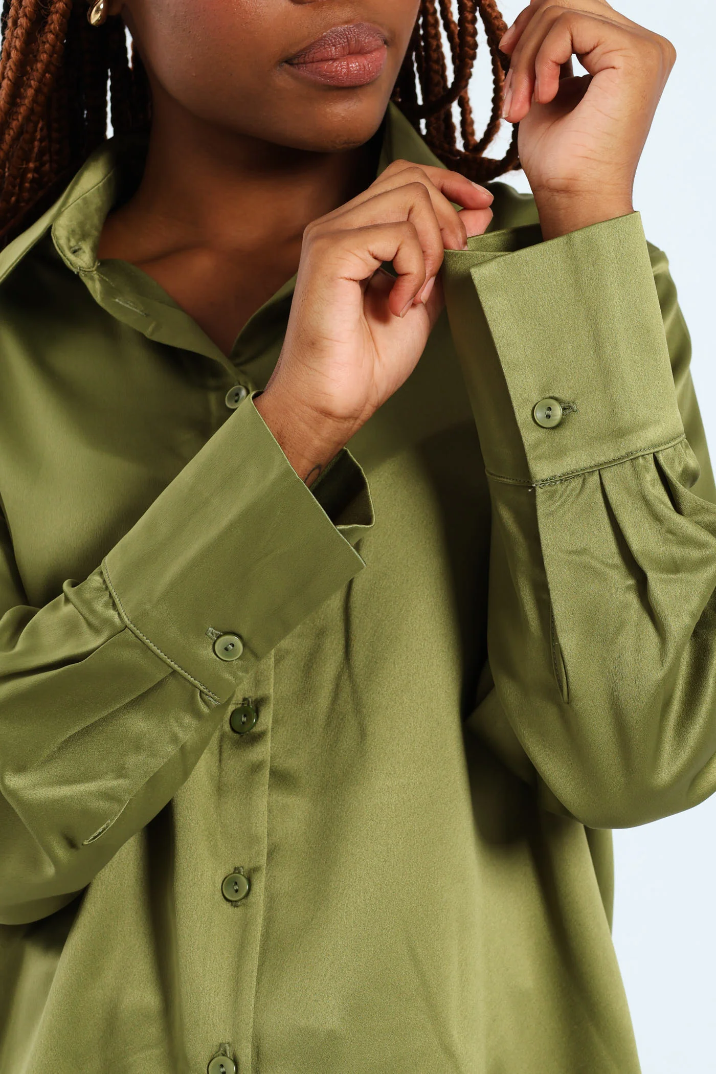 Long Sleeve Satin Button Through Shirt - Green