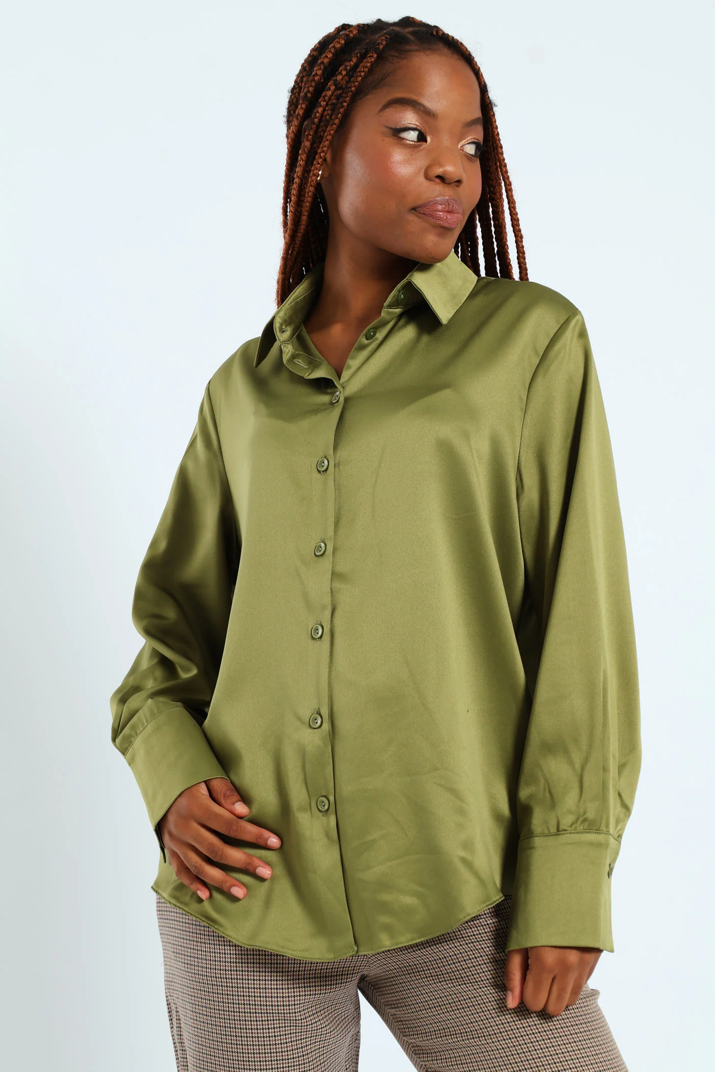 Long Sleeve Satin Button Through Shirt - Green - Image 2